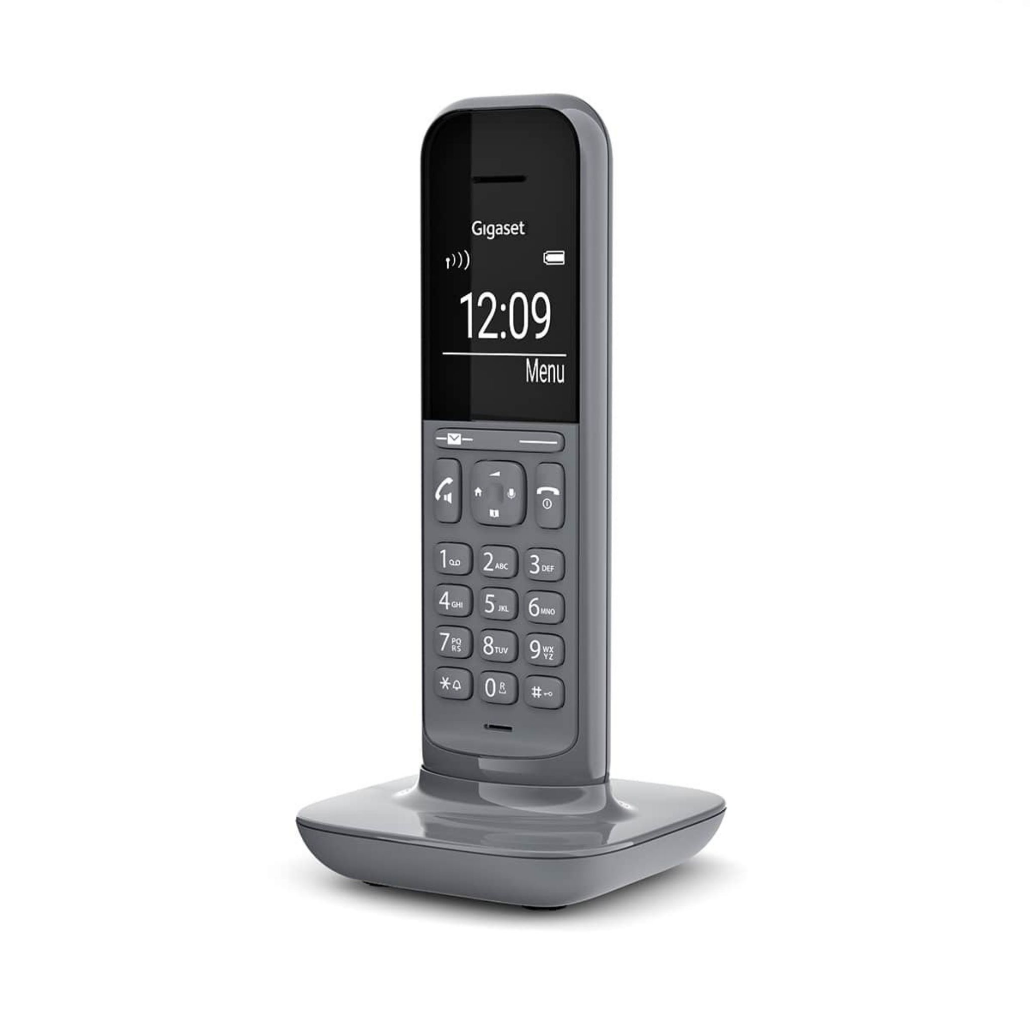 Teléfono inalámbrico Gigaset gris sobre una base gris, con pantalla.