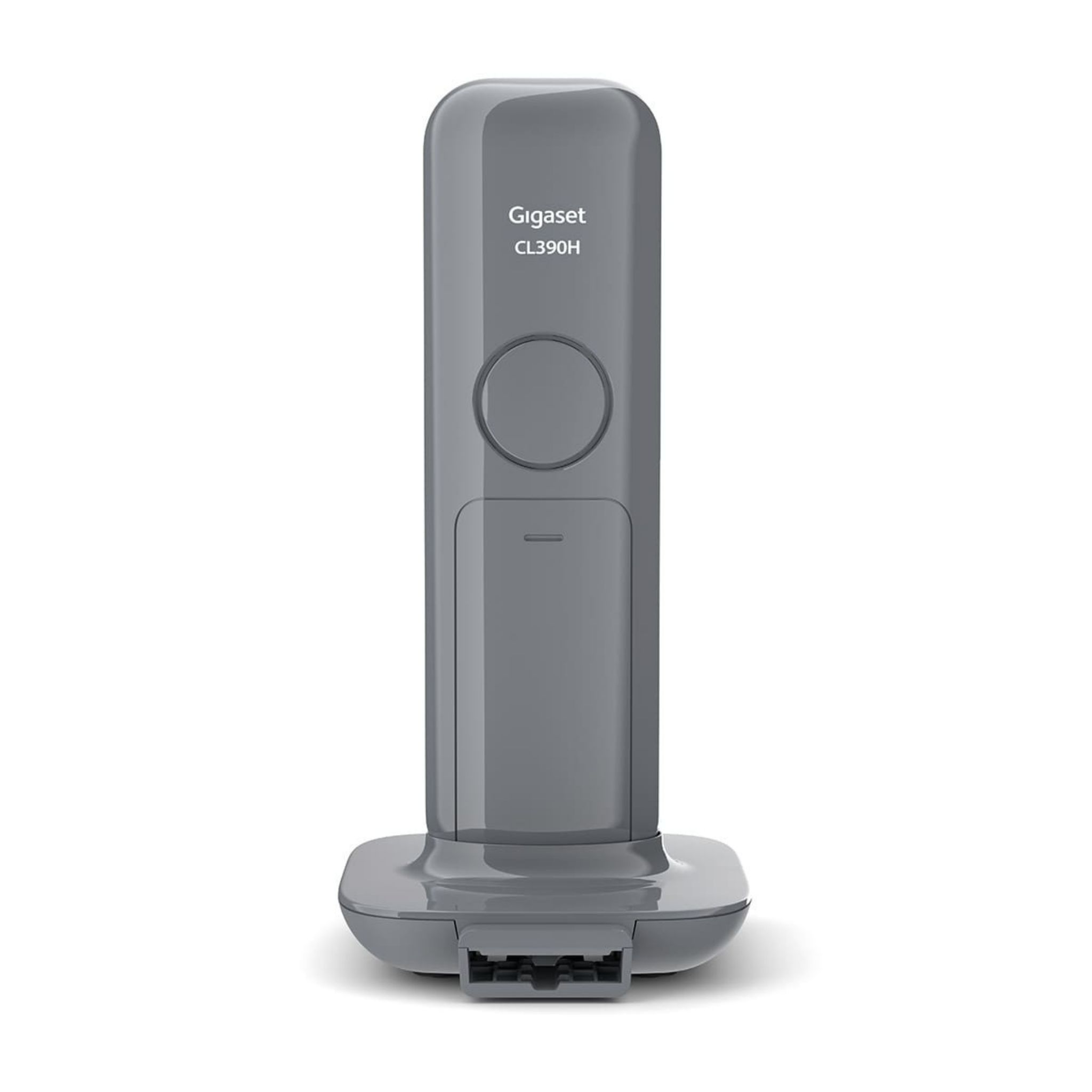Teléfono Gigaset gris sobre fondo blanco. Tiene una base y una pantalla. La marca es visible.