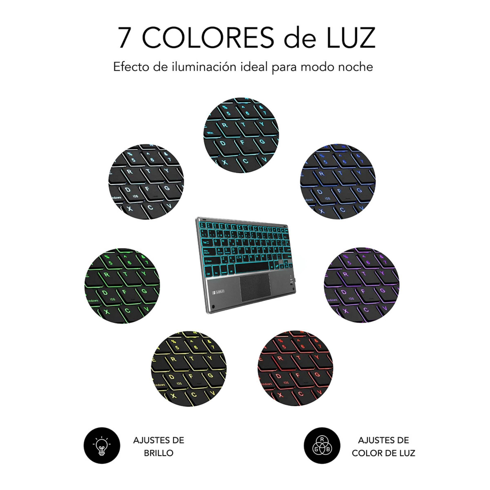 Teclado con 7 colores. El teclado tiene un panel táctil. Hay ilustraciones de ajustes de luz.