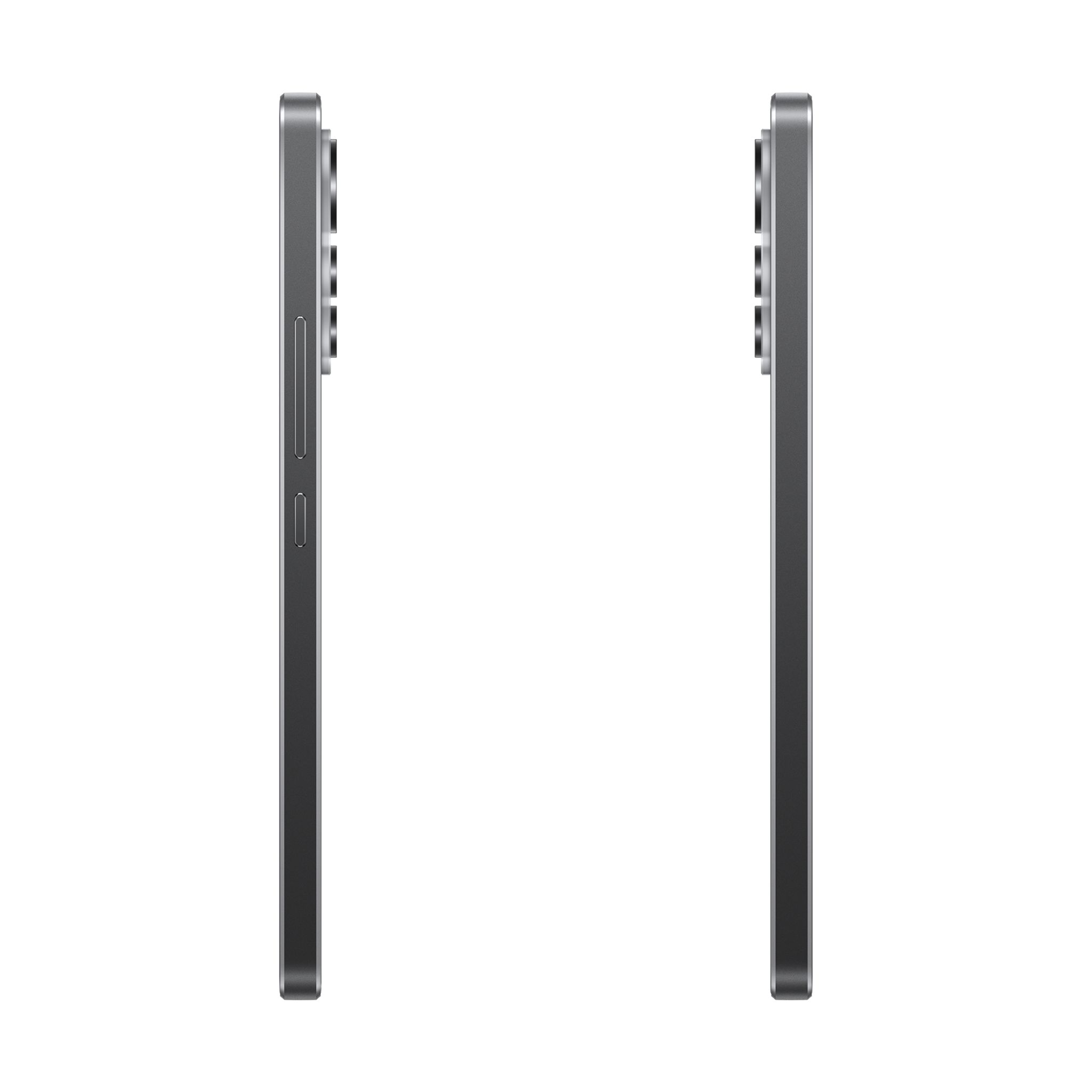 Dwa szare smartfony, widok z boku, pokazujący wybrzuszenia kamery i przyciski. Telefony na białym tle.