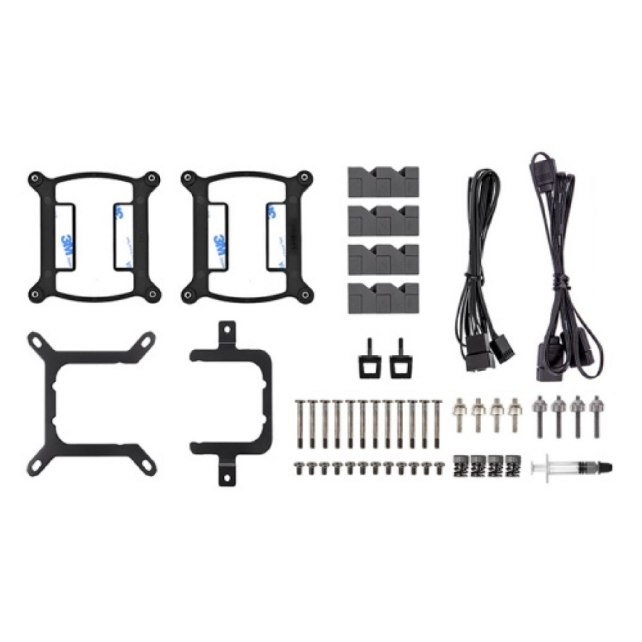 Komponenty komputera: wsporniki, śruby, kable i strzykawka z pastą termoprzewodzącą. Białe tło.