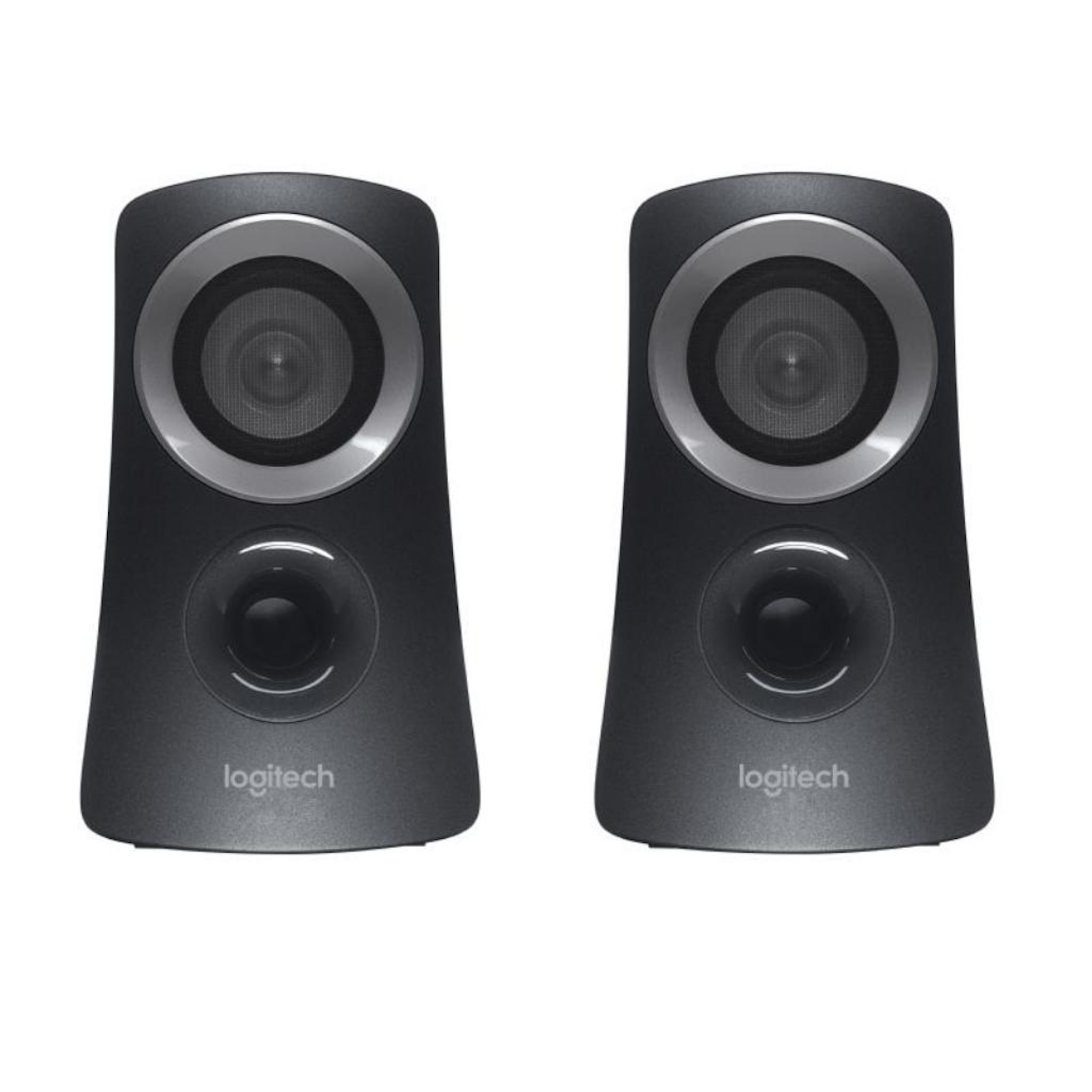 Two black Logitech speakers on white background. Each has a silver ring around the speaker.