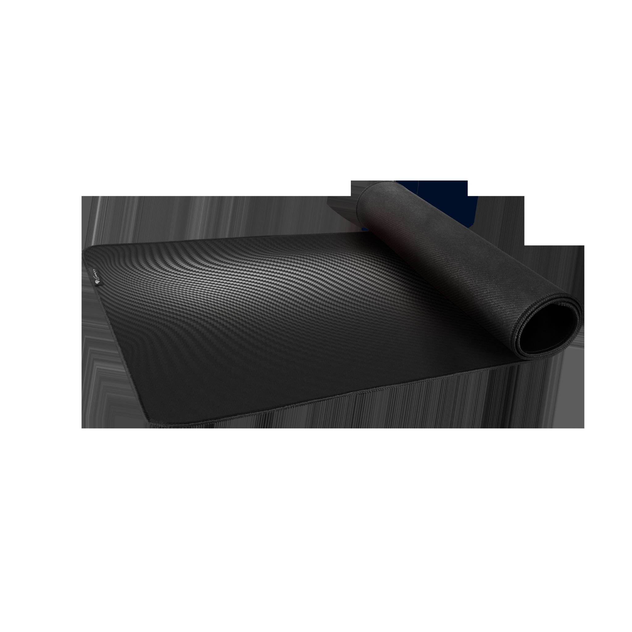 Rolled-up black mousepad on a dark textured surface. The pad is rectangular.