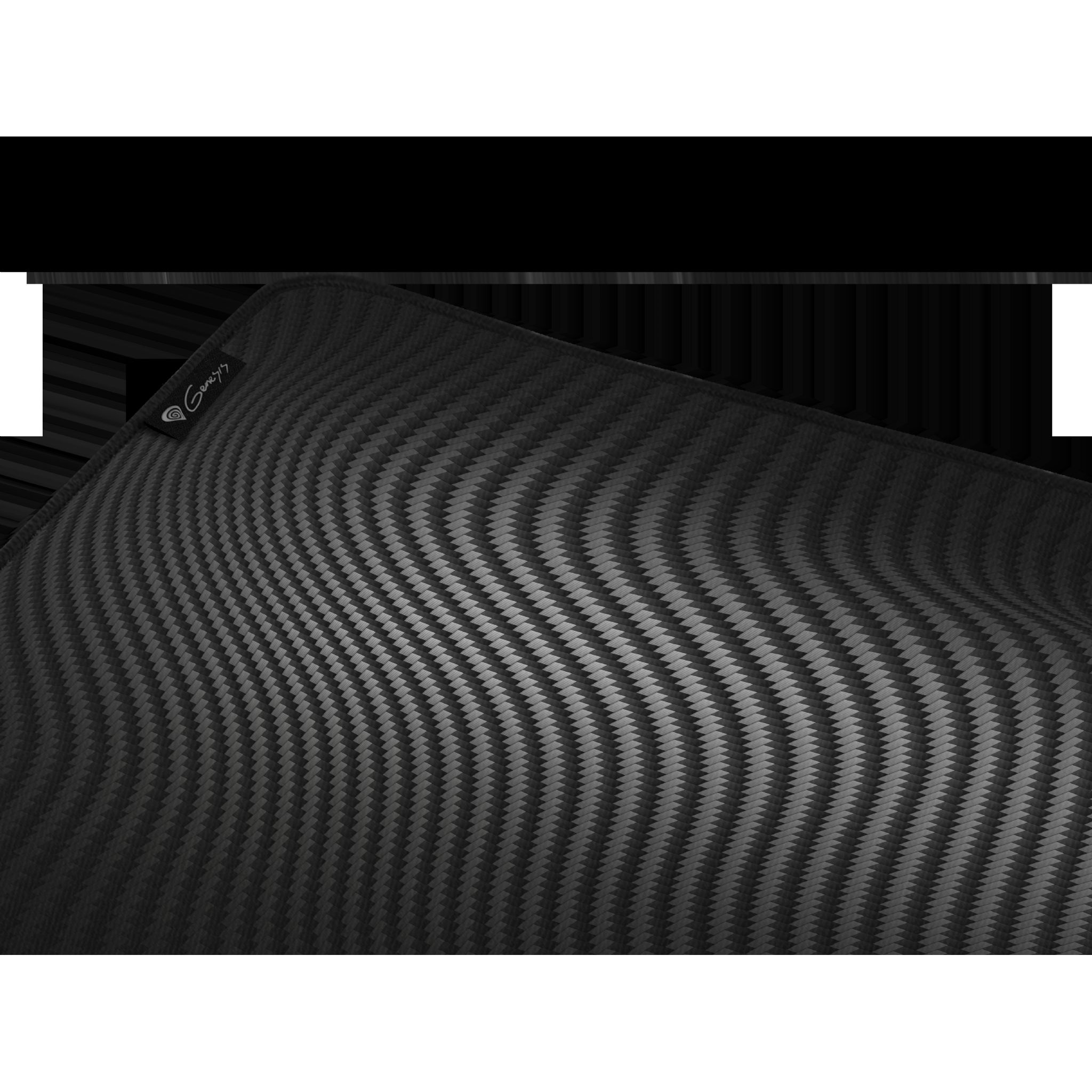Close-up of a black patterned mousepad with a carbon fiber weave design.