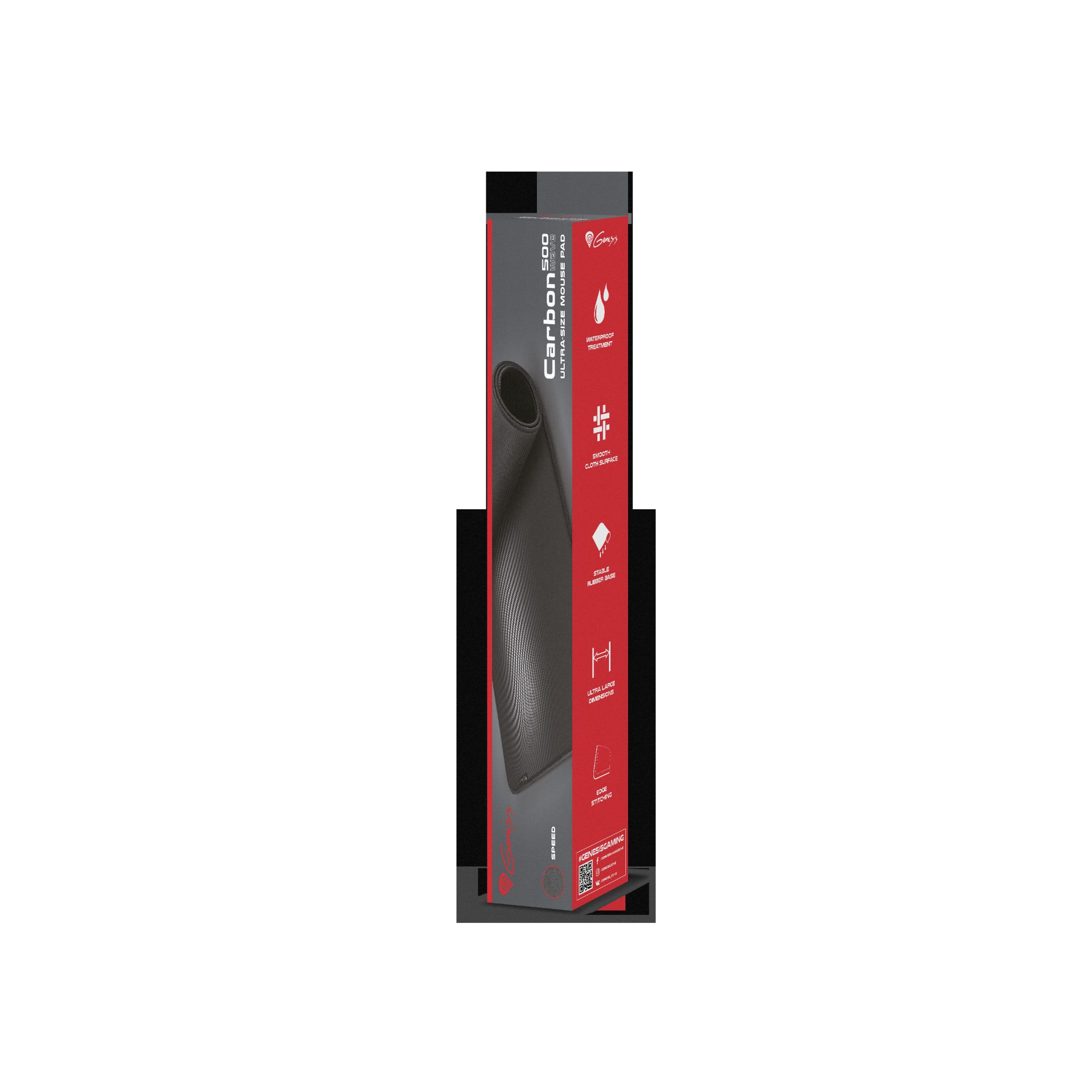 A long, black carbon fiber mat in a rectangular box. The box has product information and icons.
