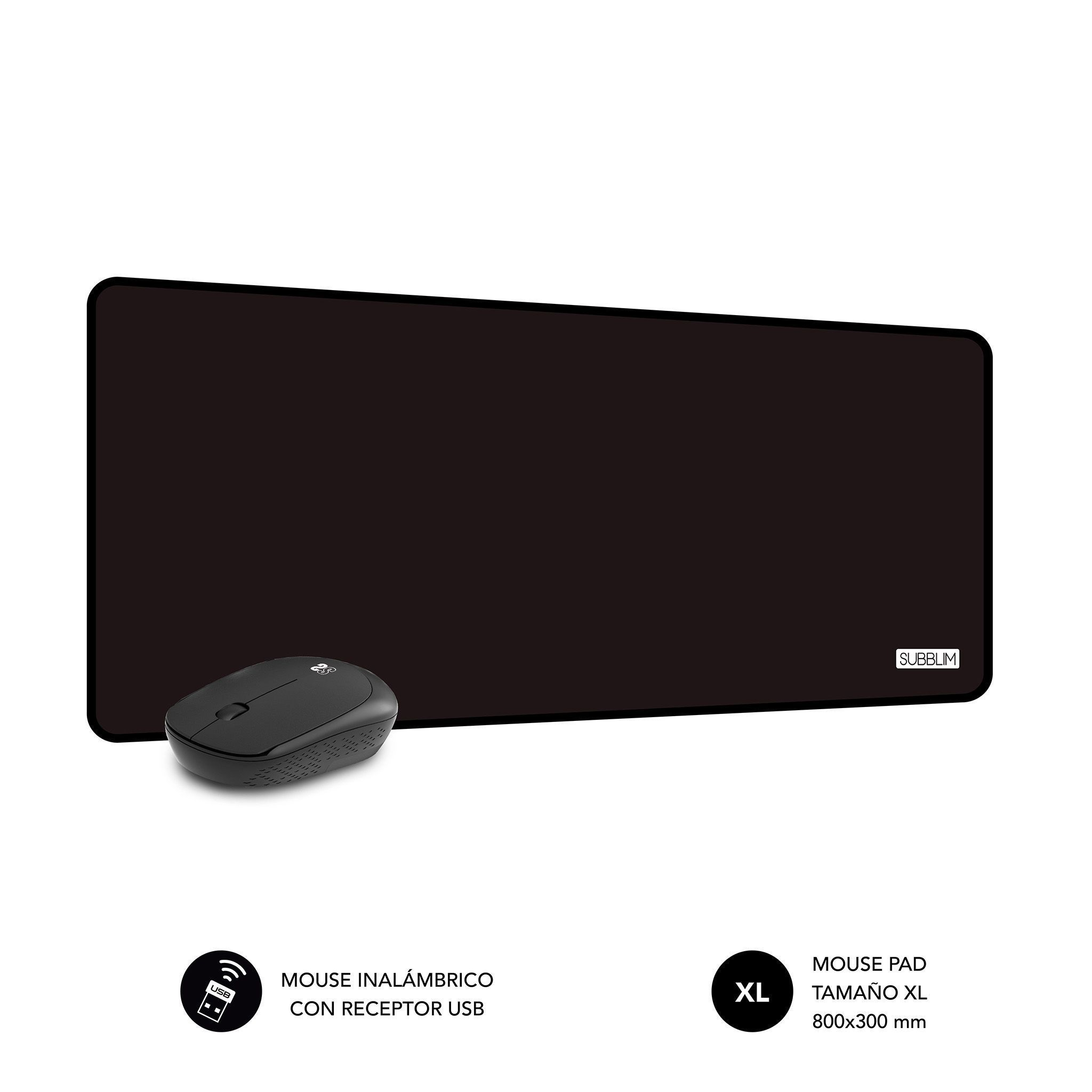 Ratón negro con receptor USB y alfombrilla XL. La almohadilla es negra y rectangular.