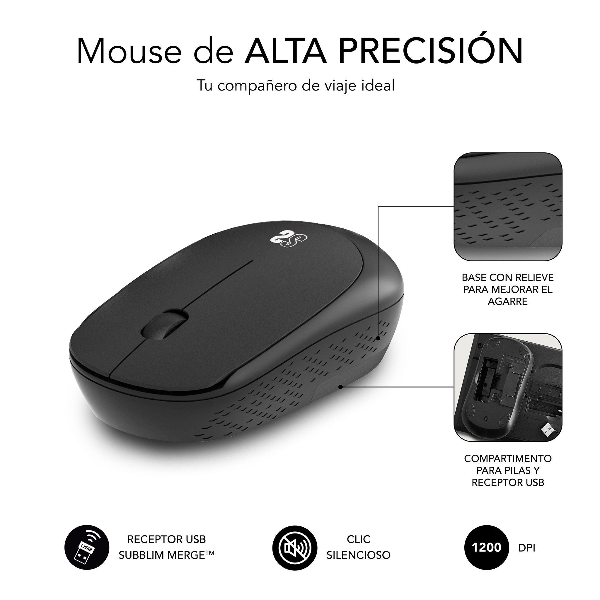 Ratón inalámbrico negro con ilustraciones y texto. Muestra un receptor USB y compartimento de batería.