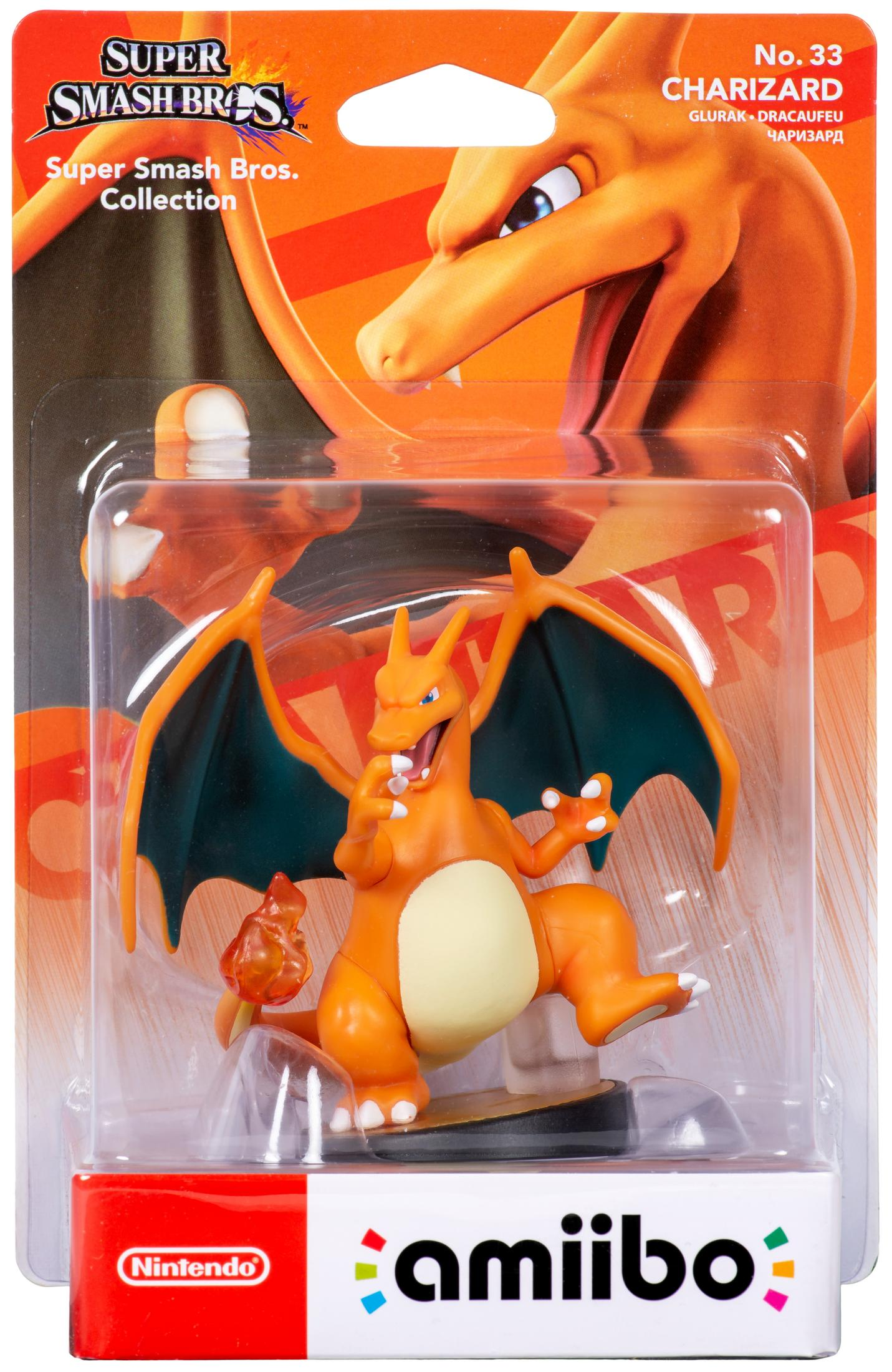 Charizard Amiibo-Figur aus der Super Smash Bros.-Kollektion, in Kunststoffverpackung auf weißem Hintergrund.