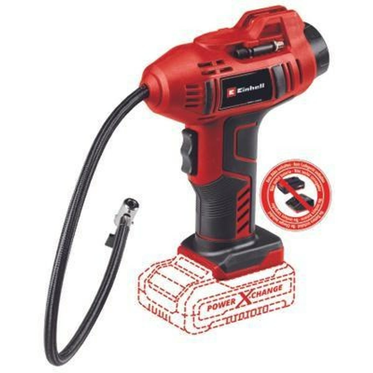 Pompa ad aria rossa Einhell, tubo nero, batteria. Sfondo bianco.