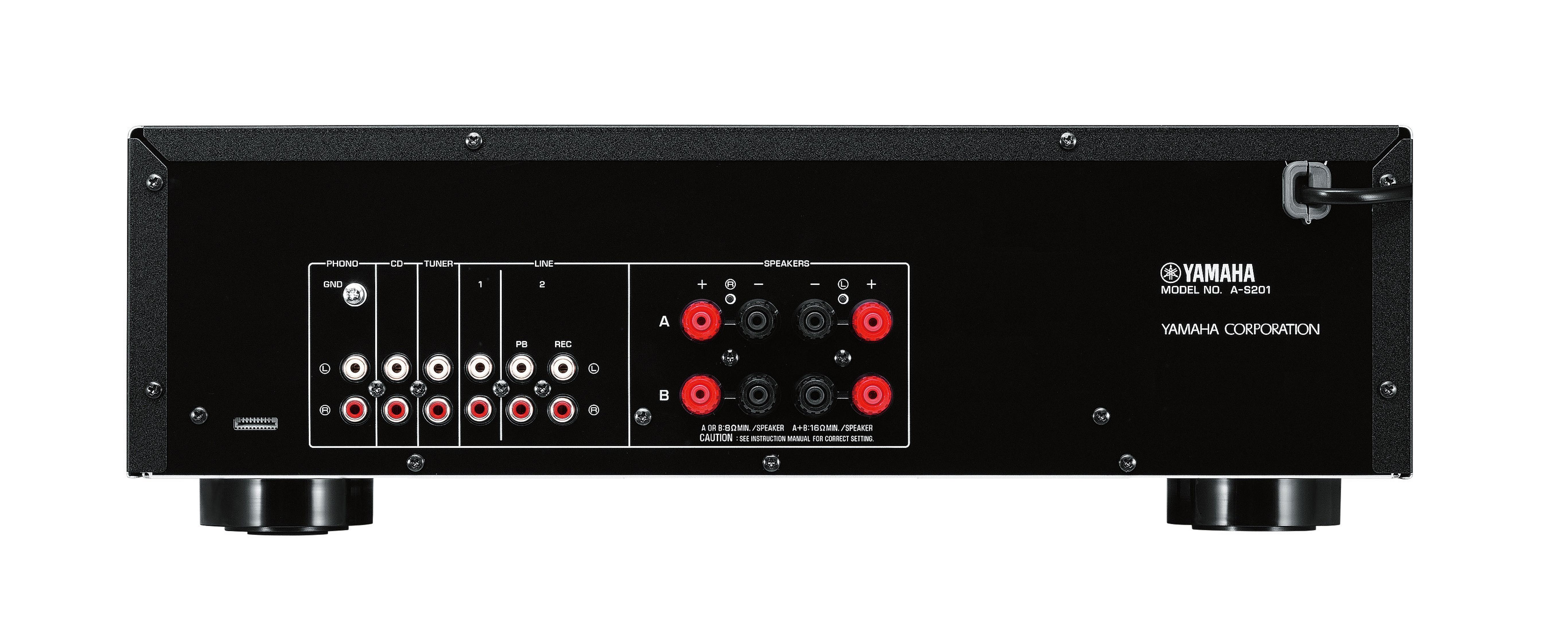 Rückseite eines schwarzen Yamaha-Stereo-Receivers. Er hat Eingangs- und Ausgangsanschlüsse und Lautsprecher.