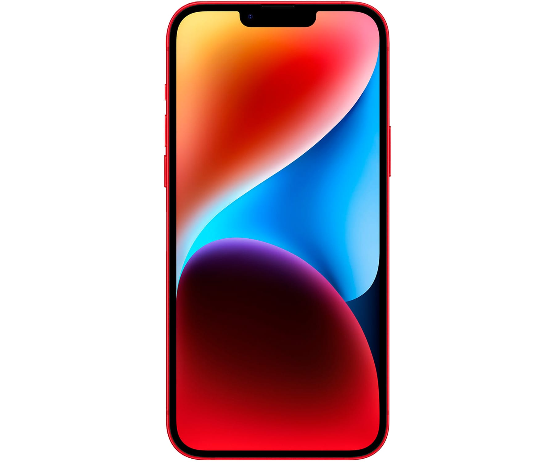 Czerwony iPhone z kolorowym, abstrakcyjnym tłem na ekranie. Telefon ma czarne miejsce na aparat.