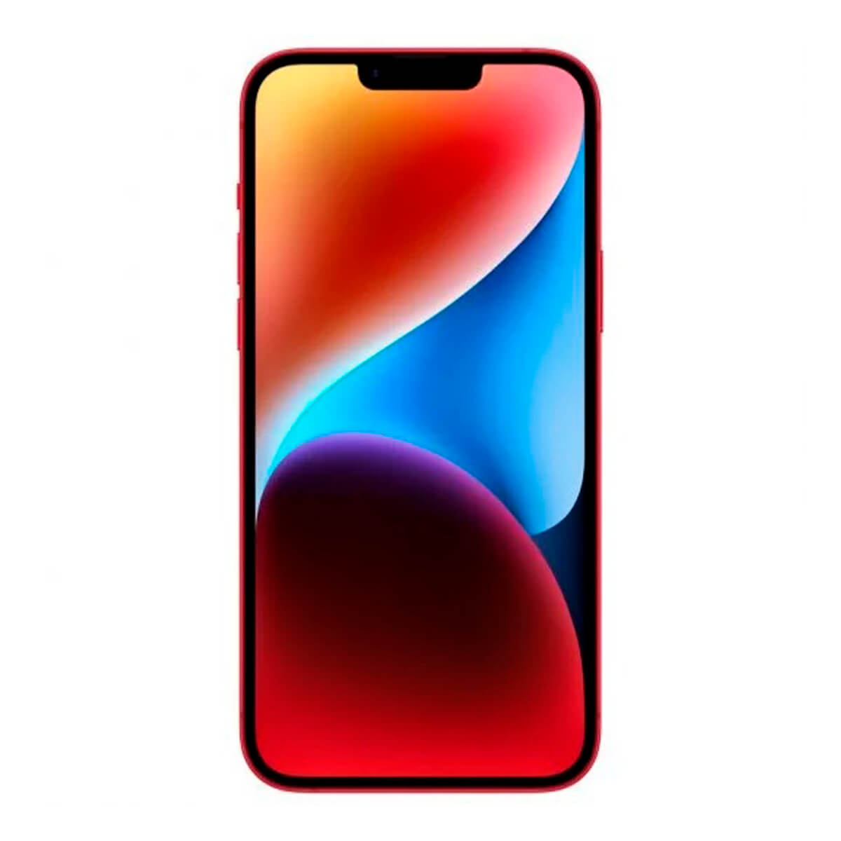 Czerwony iPhone z kolorowym ekranem blokady. Ekran ma mieszankę kolorów: czerwony, pomarańczowy, niebieski i fioletowy.