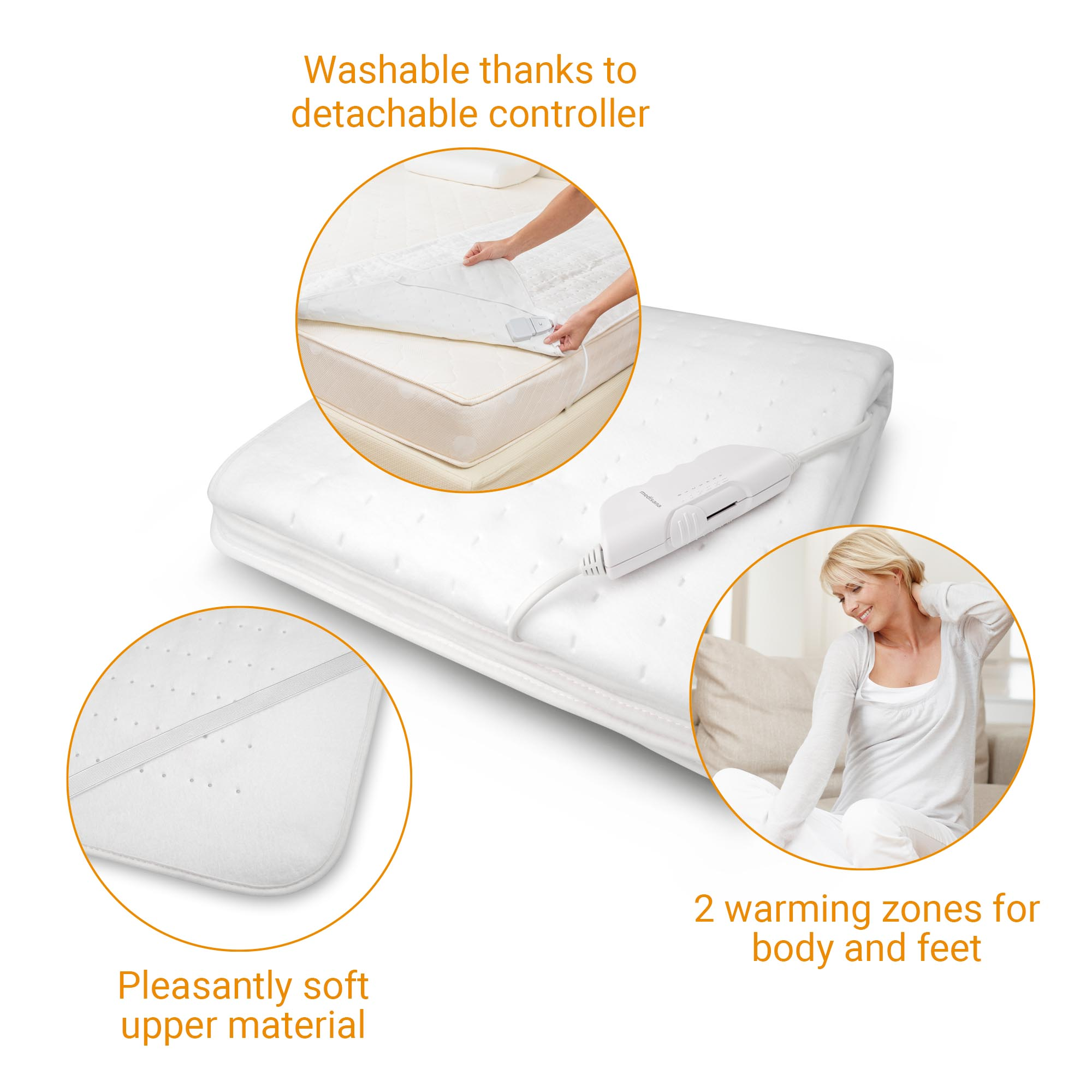 Biała podkładka grzewcza na materac z odłączanym kontrolerem. Zbliżenia podkładki i kobiety.