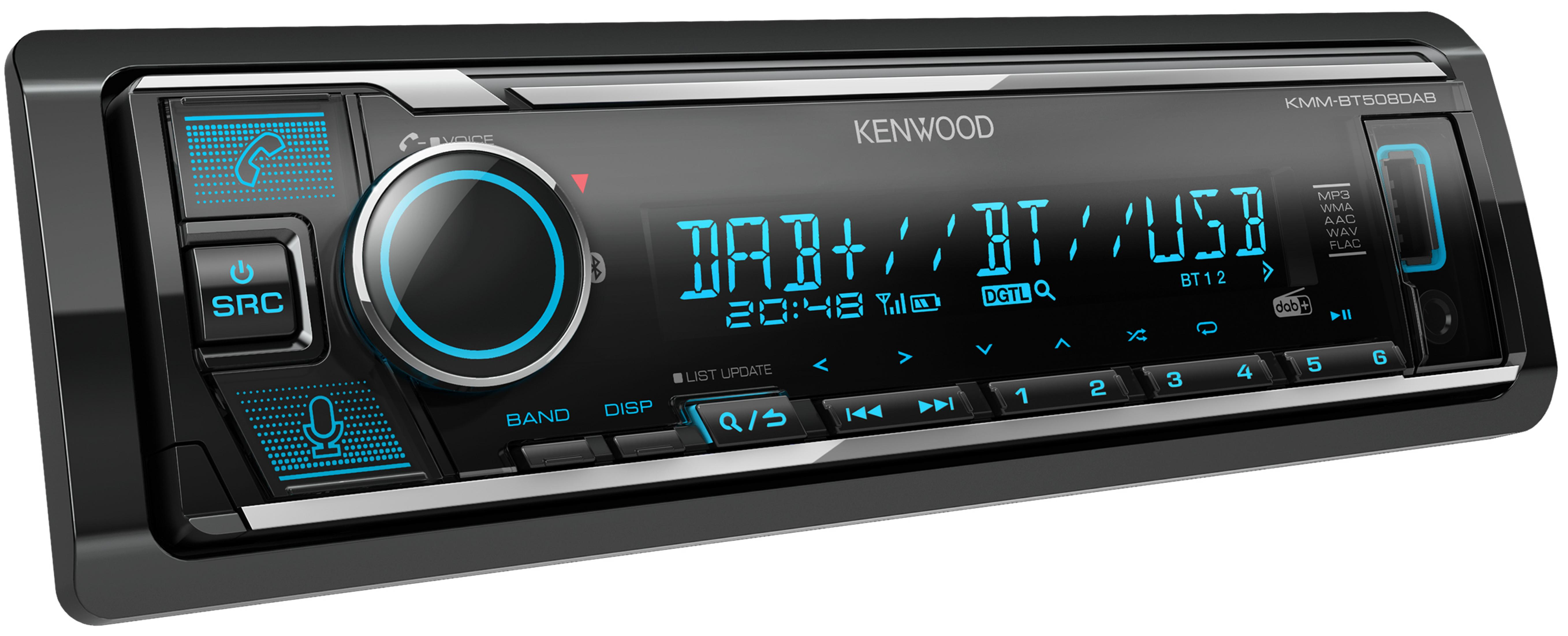 Autoradio, Marke Kenwood, mit Knöpfen, Display und Radioinformationen.