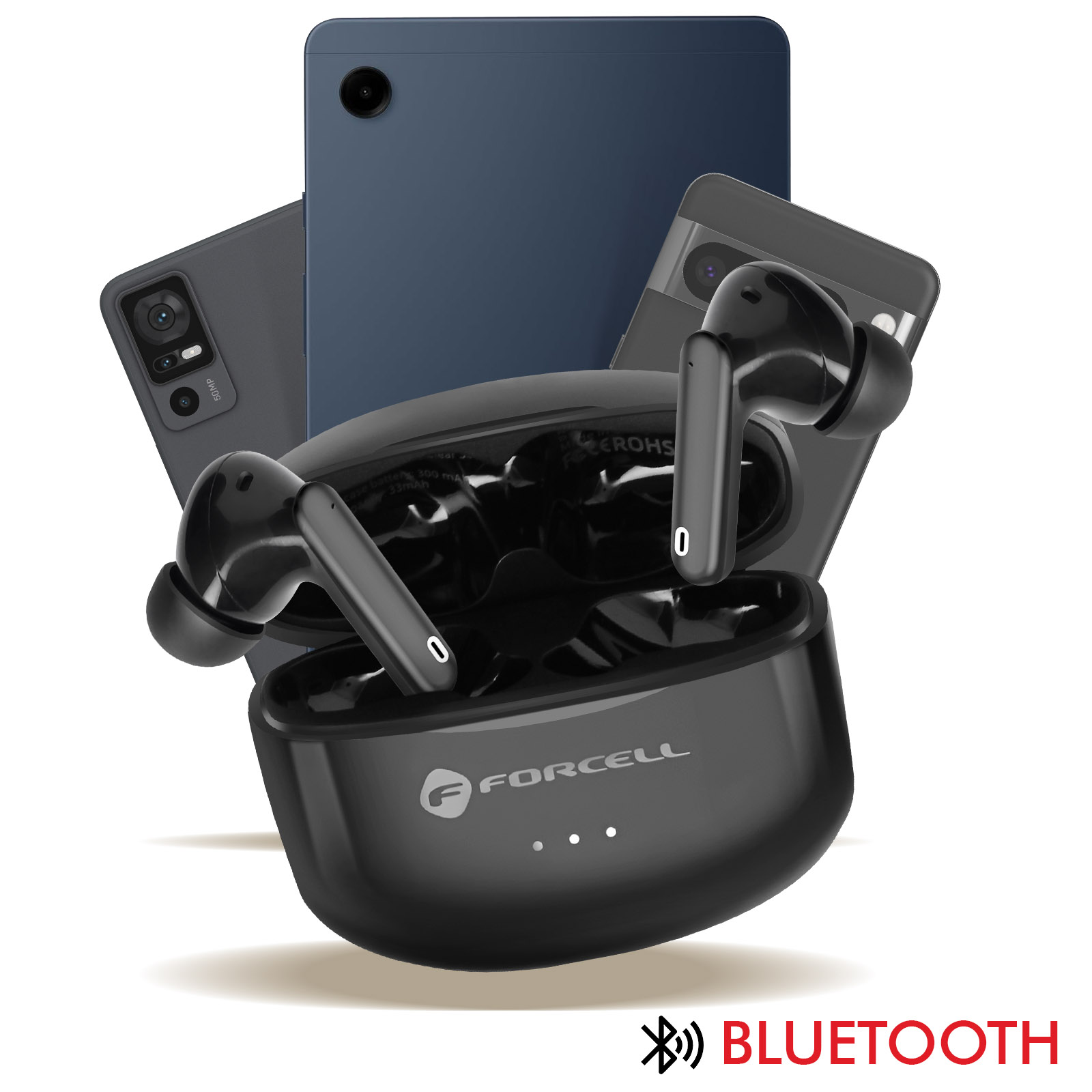 Schwarze Ohrhörer in einem Ladecase, mit Tablet und Handys im Hintergrund, und Bluetooth-Logo.