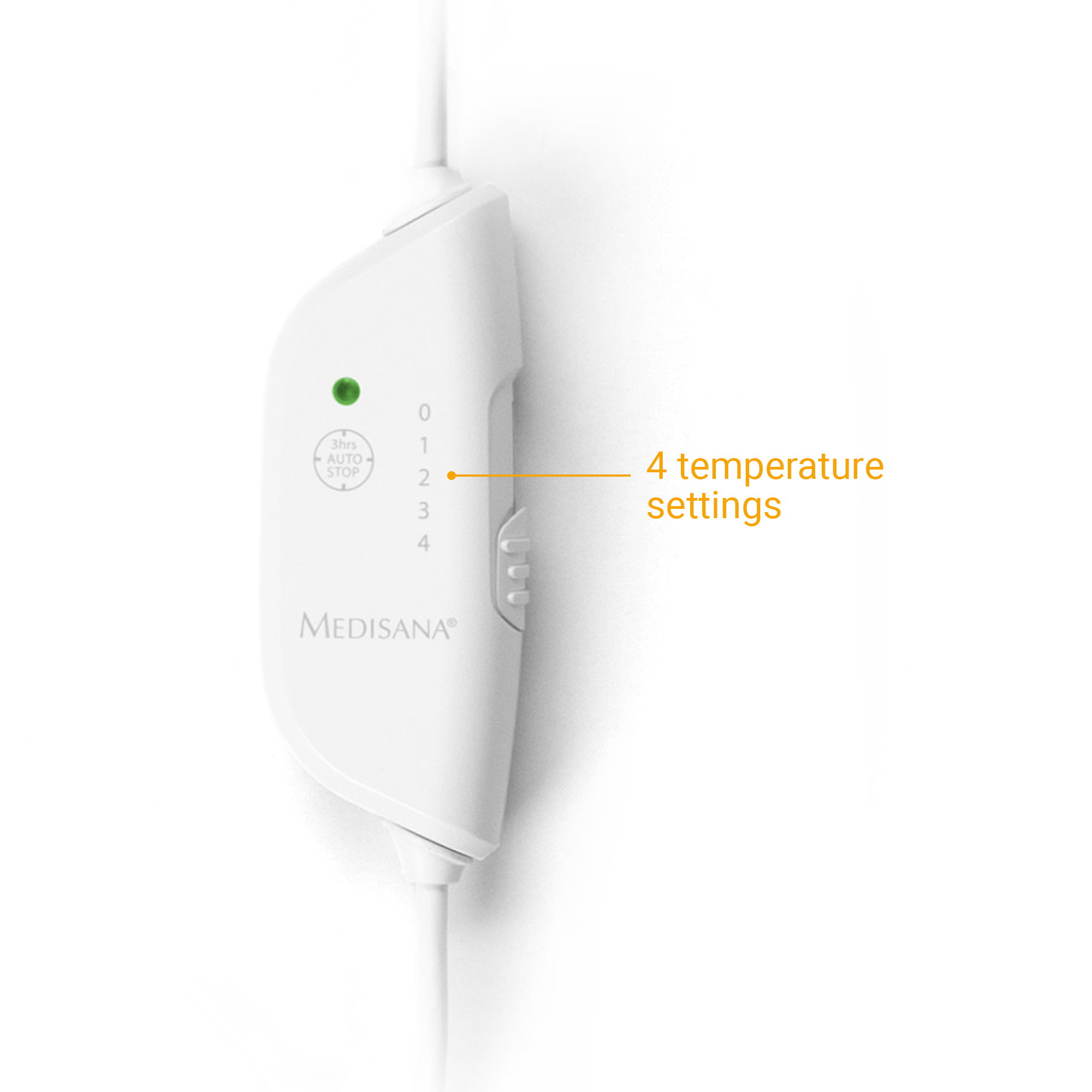 Biały kontroler koca elektrycznego z 4 ustawieniami.