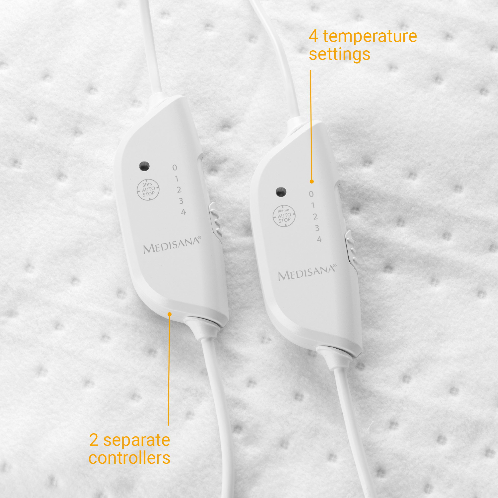 Dwa białe kontrolery poduszek grzewczych Medisana. 4 ustawienia. Tekst 'Auto Stop'.