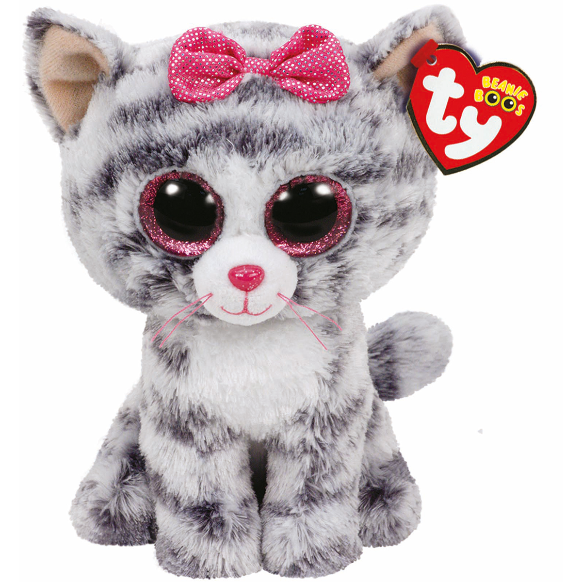 Un gatto di peluche grigio con un fiocco rosa sulla testa, grandi occhi e un'etichetta TY Beanie Boos.