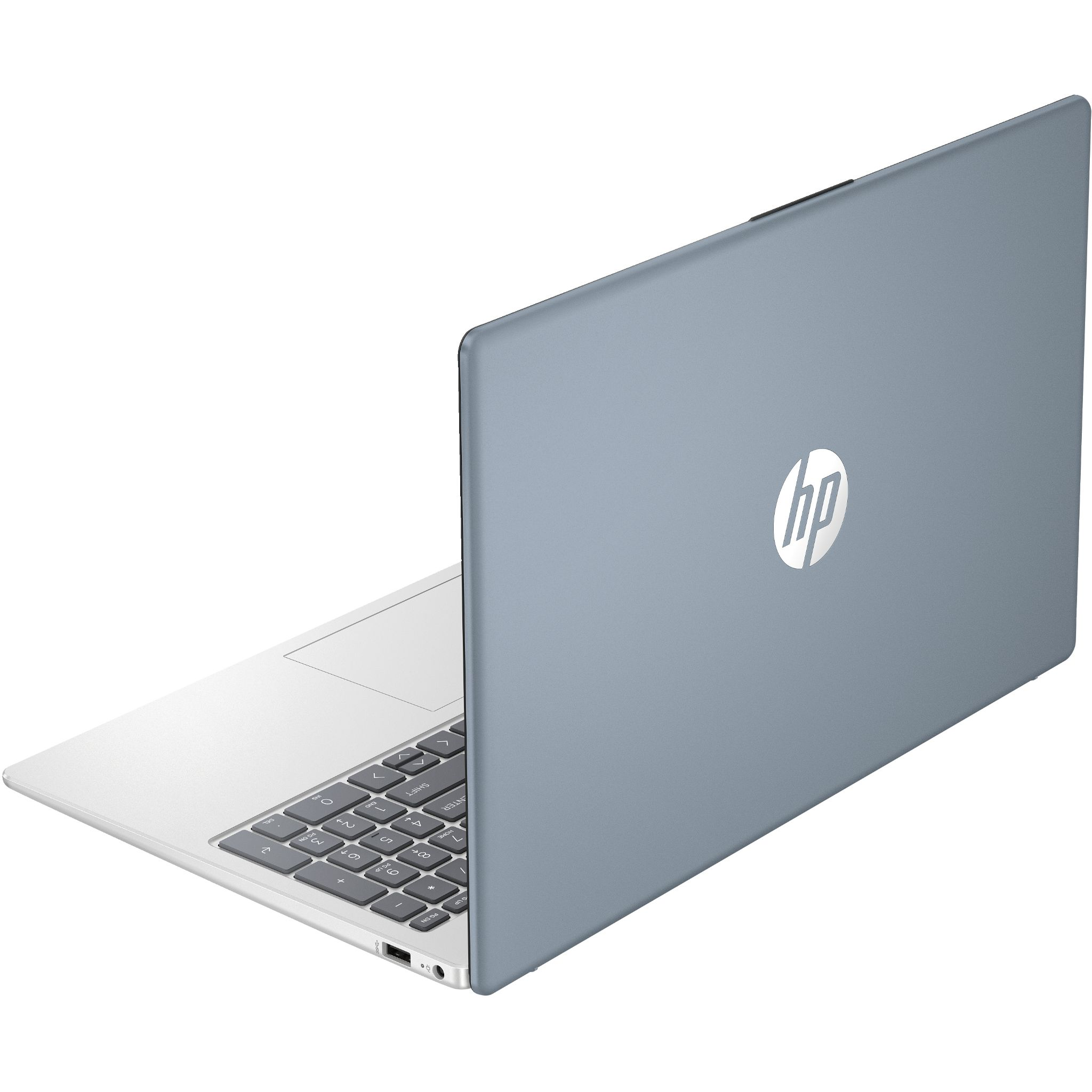Un portátil HP gris, visto desde atrás, con la tapa abierta, mostrando el teclado. Fondo blanco.