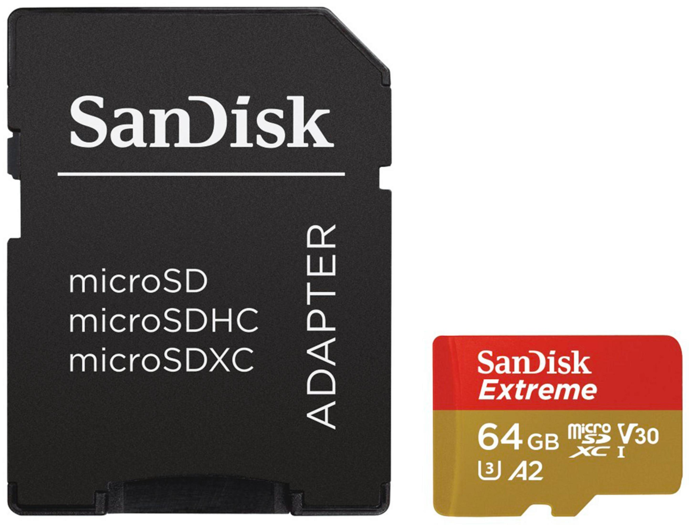 Karta microSD i adapter Sandisk. Tekst na karcie: Sandisk Extreme 64GB. Białe tło.