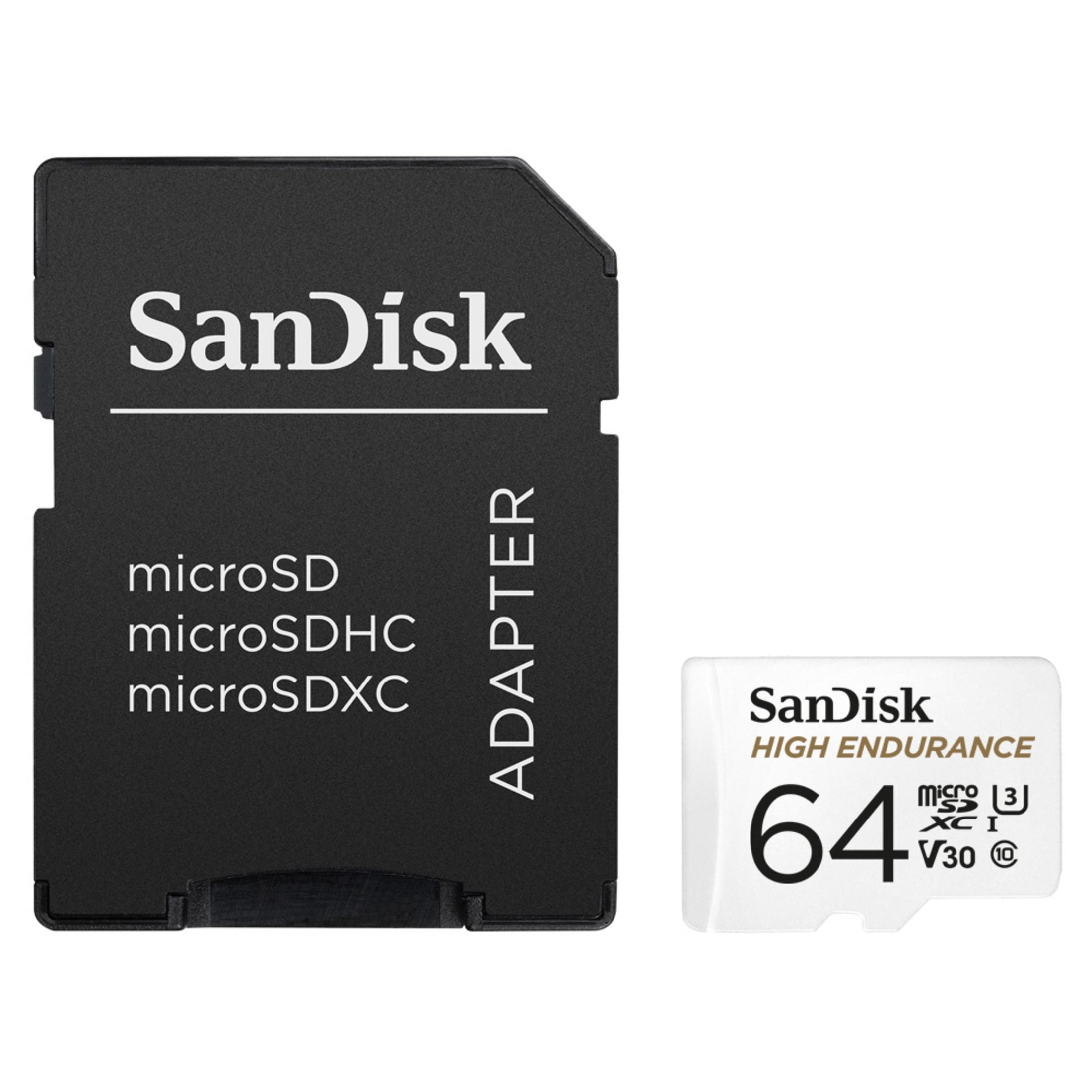 Czarny adapter SanDisk i karta Micro SD o dużej wytrzymałości, 64 GB i oznaczenia micro SDXC.