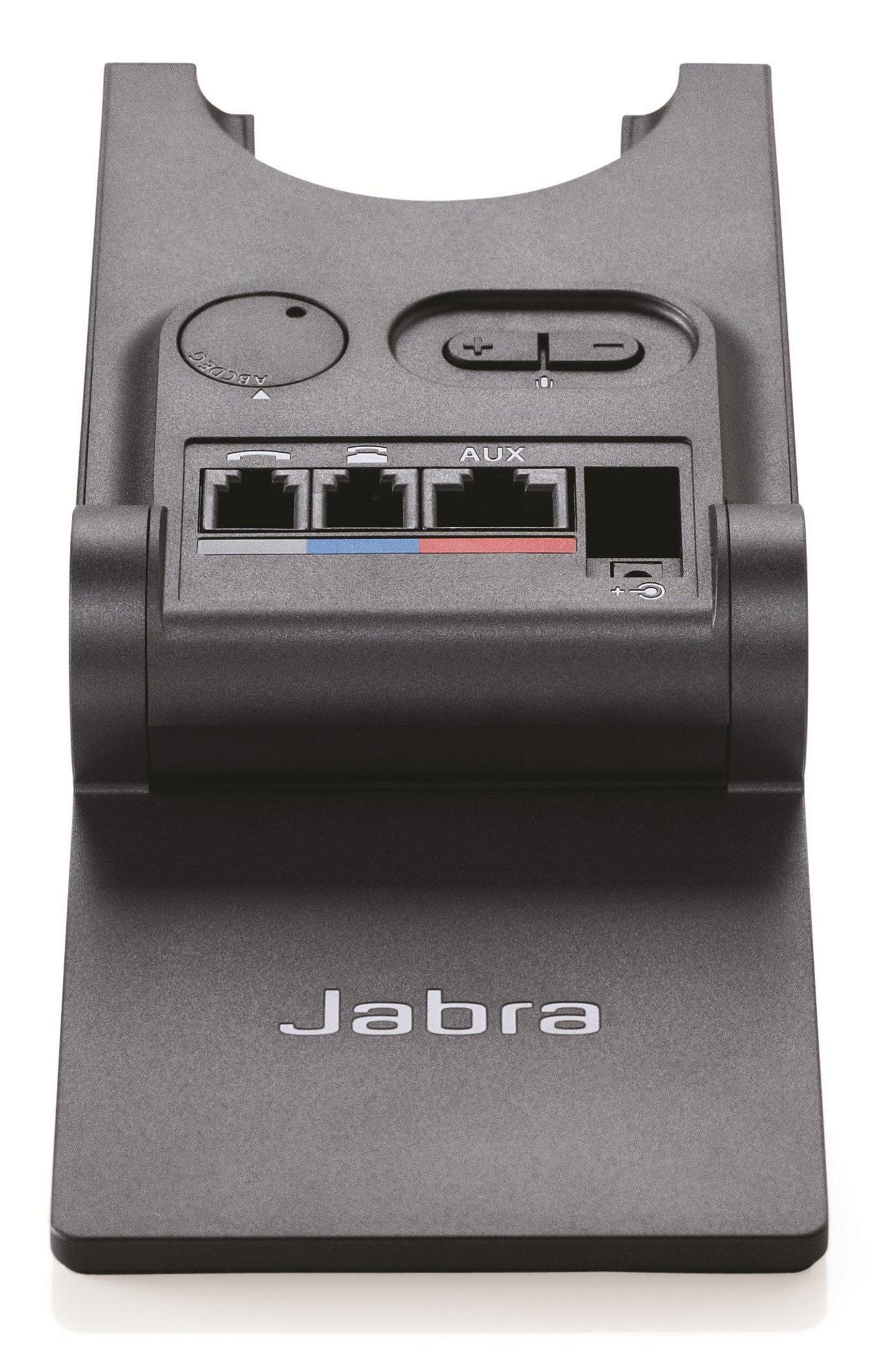 Czarna stacja bazowa Jabra. Posiada porty AUX, kable sieciowe i stację ładującą.