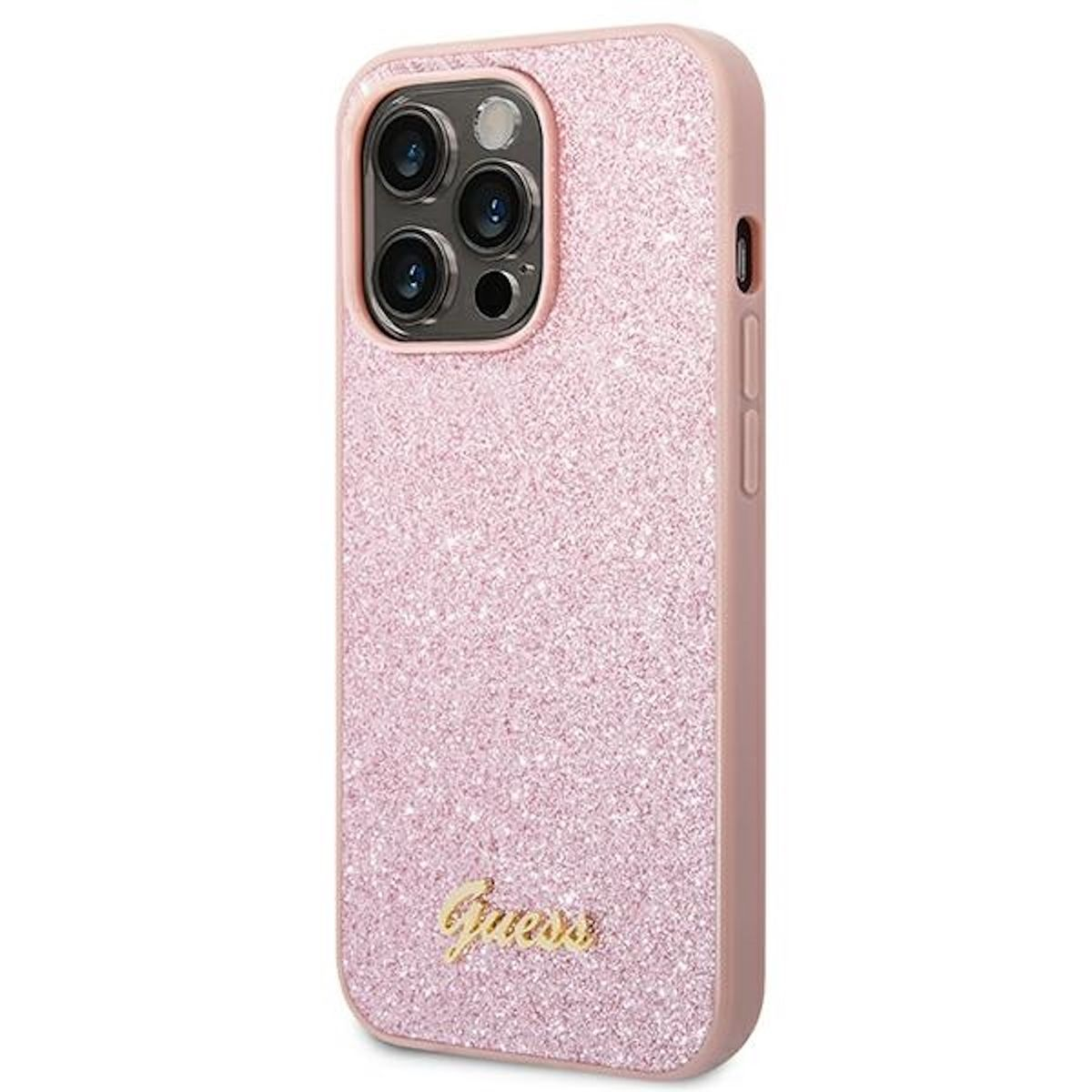 Custodia per telefono rosa glitterata con logo Guess dorato. Ha un ritaglio per la fotocamera.