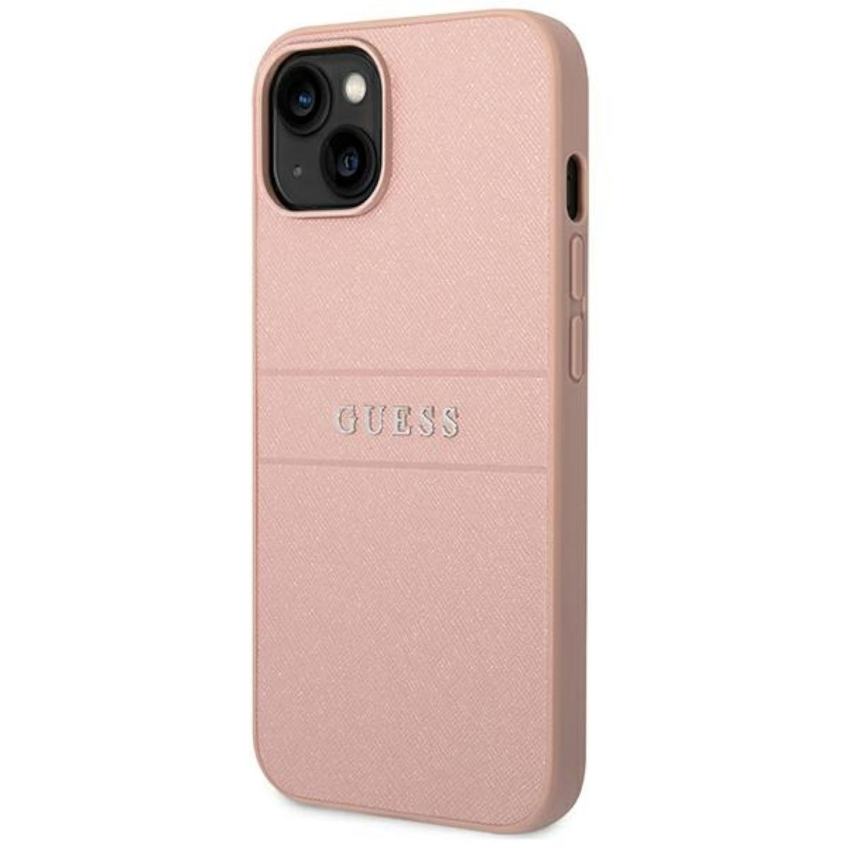 Una custodia per telefono Guess rosa. Ha il logo Guess al centro.