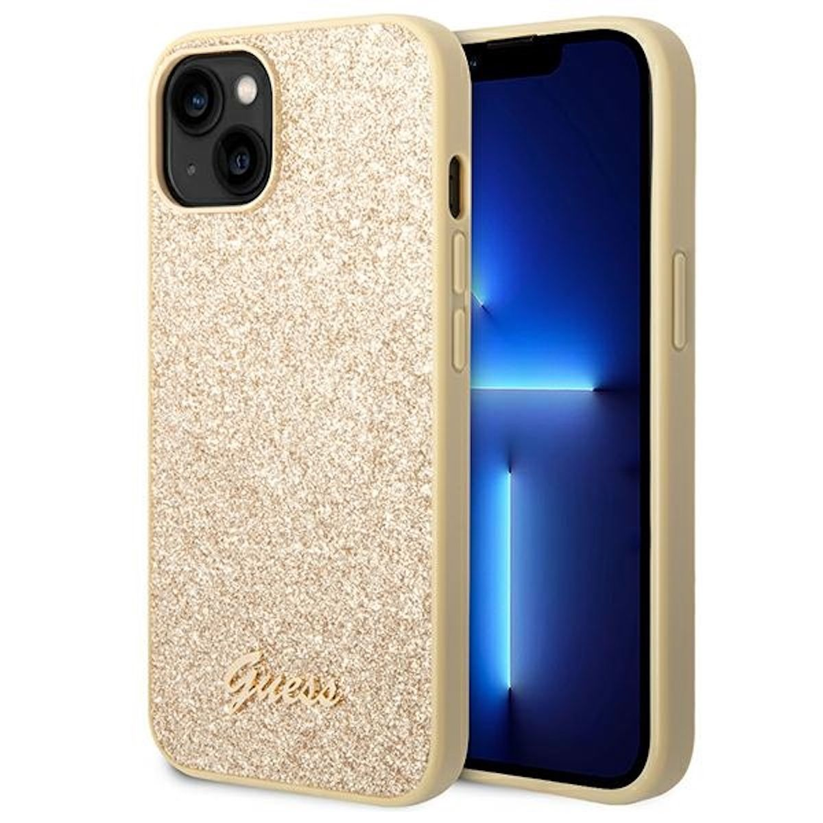 Una cover dorata glitterata su un iPhone con schermo visibile, che mostra il marchio Guess.