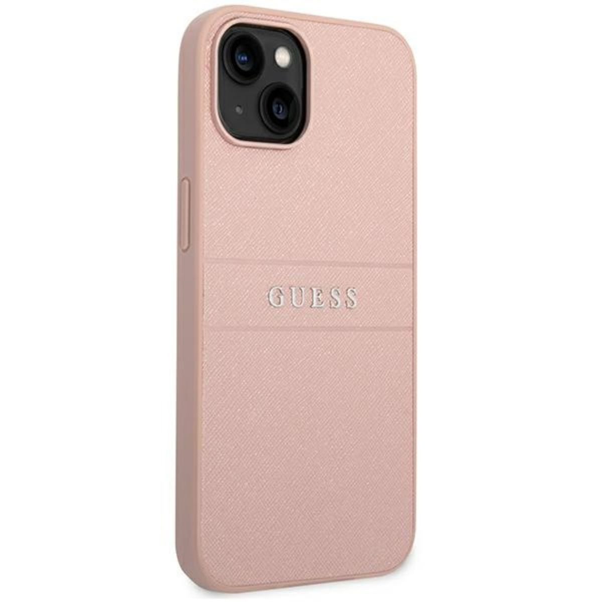 Una custodia per telefono Guess rosa chiaro. Il nome del marchio è visibile su una fascia centrale.