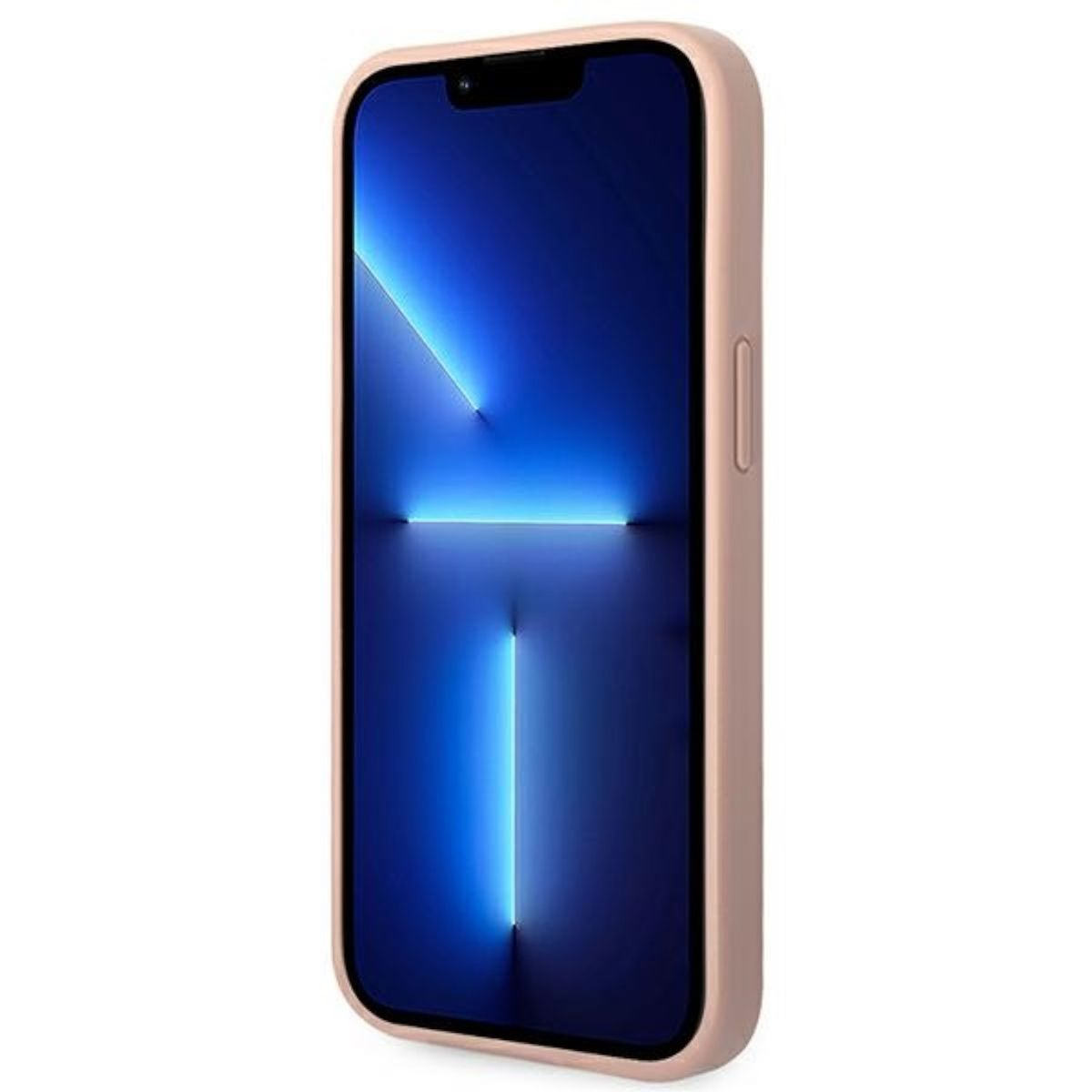 Un iPhone in una custodia rosa, schermo che mostra una grafica blu e bianca.