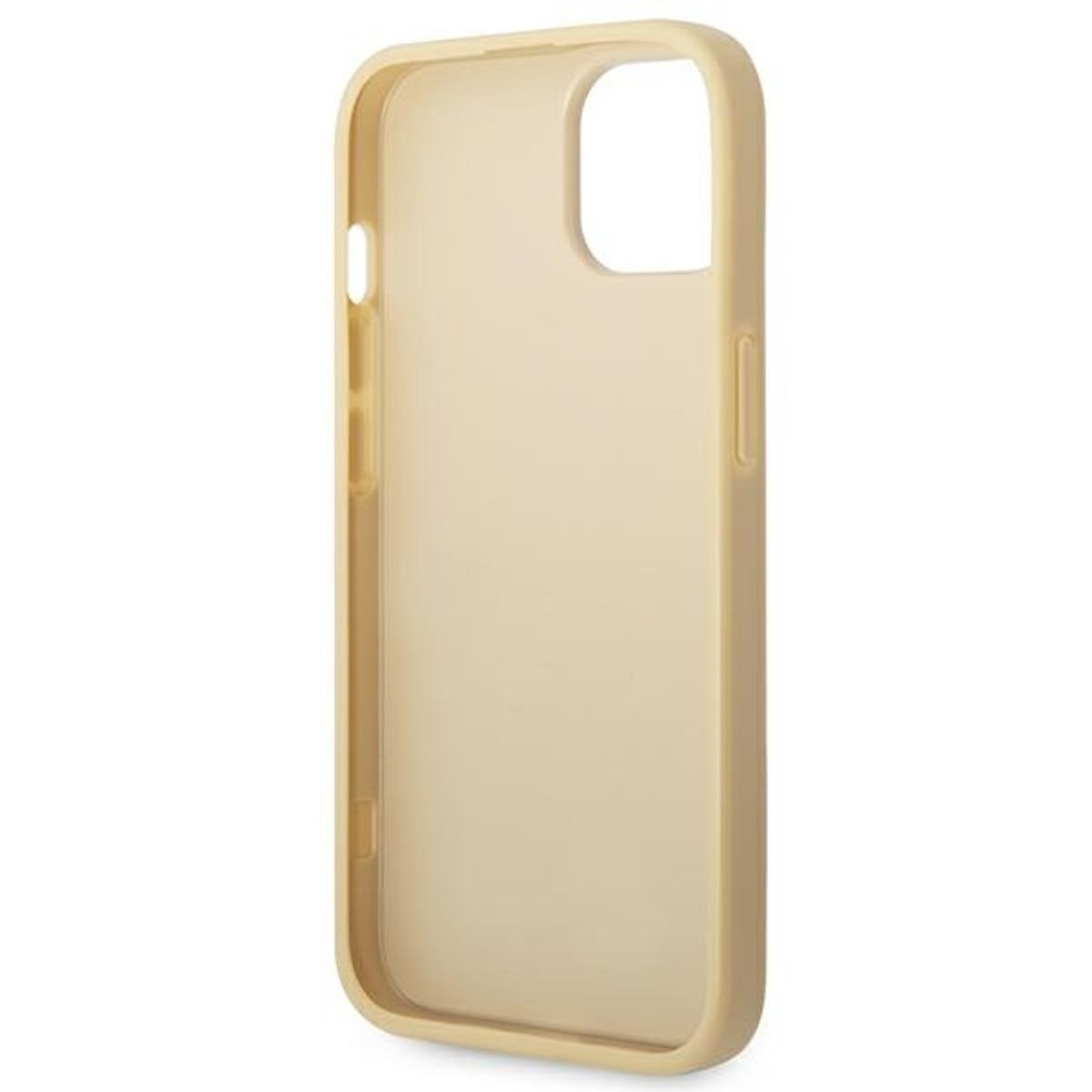 Custodia beige per telefono, vista laterale, con foro per la fotocamera e pulsanti laterali.