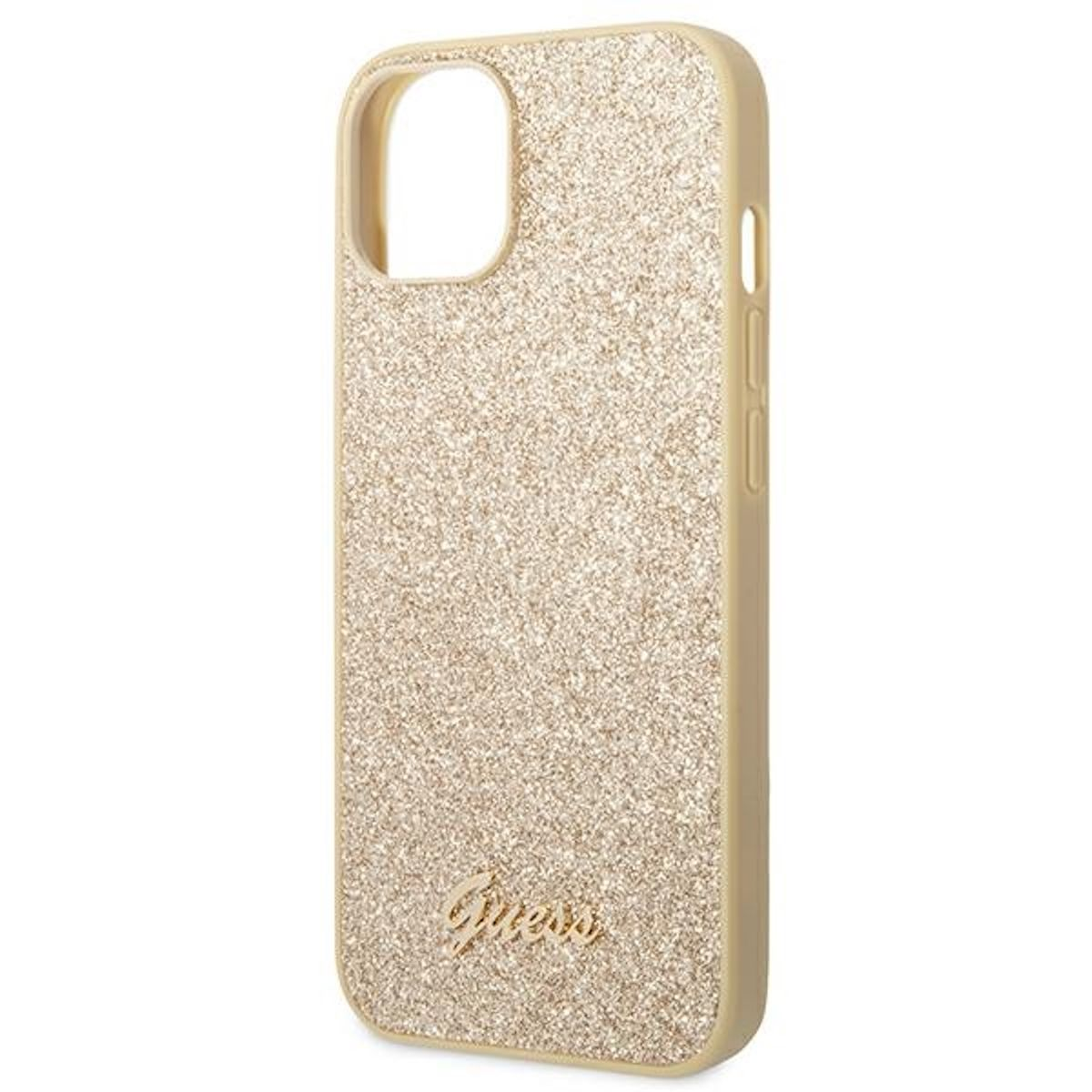 Una custodia per telefono dorata con glitter con la scritta 'Guess' in rilievo in basso, su sfondo bianco.