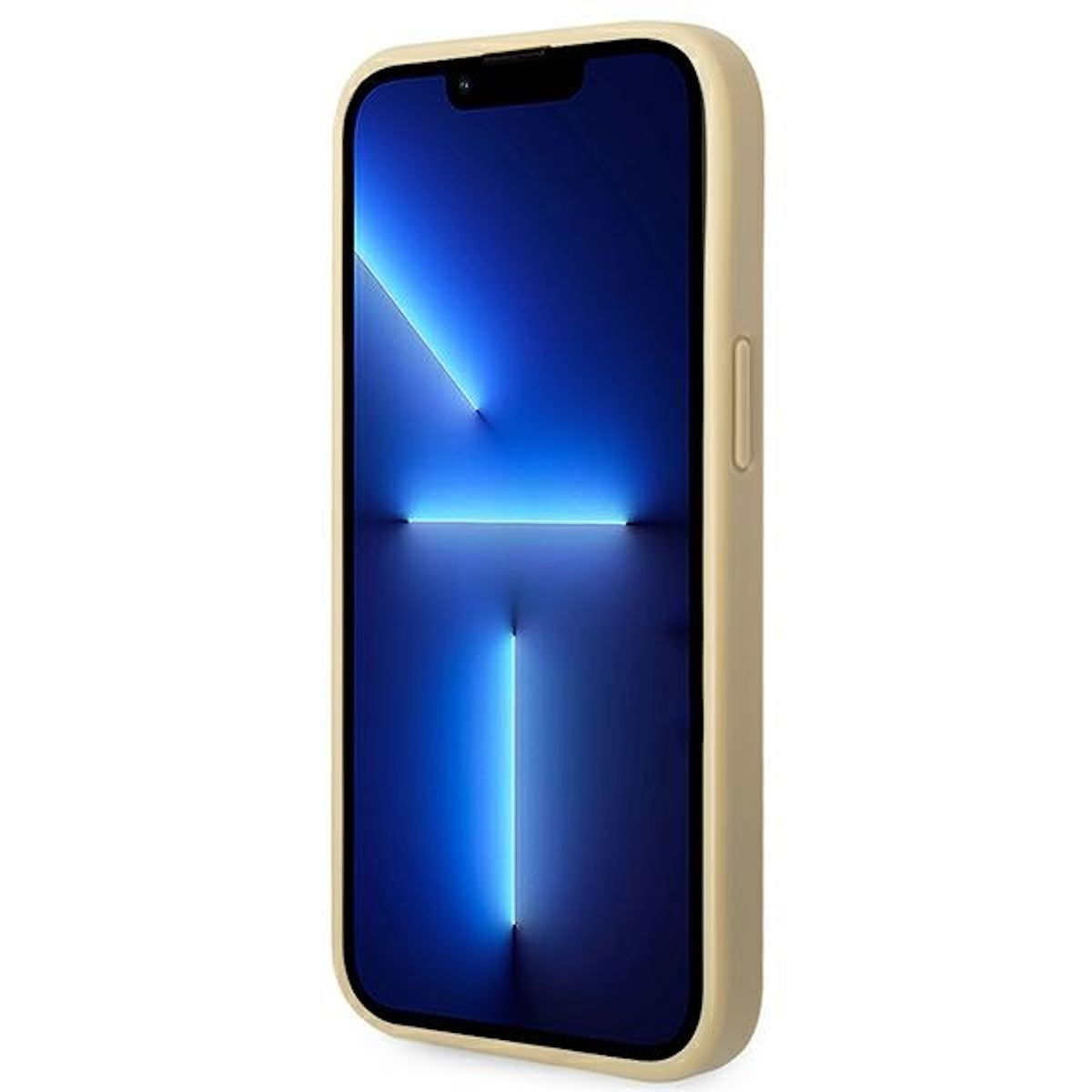 Uno smartphone con schermo nero e display a luce blu, racchiuso in una custodia beige chiaro.