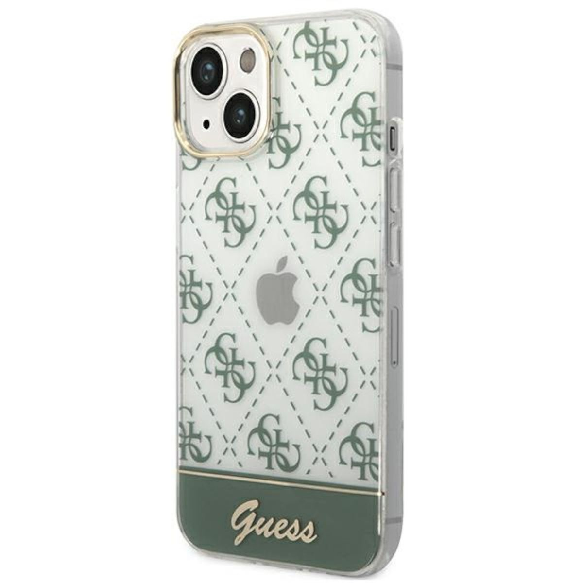 Eine Handyhülle mit einem grün-weißen Guess-Muster und dem Guess-Logo auf weißem Hintergrund.