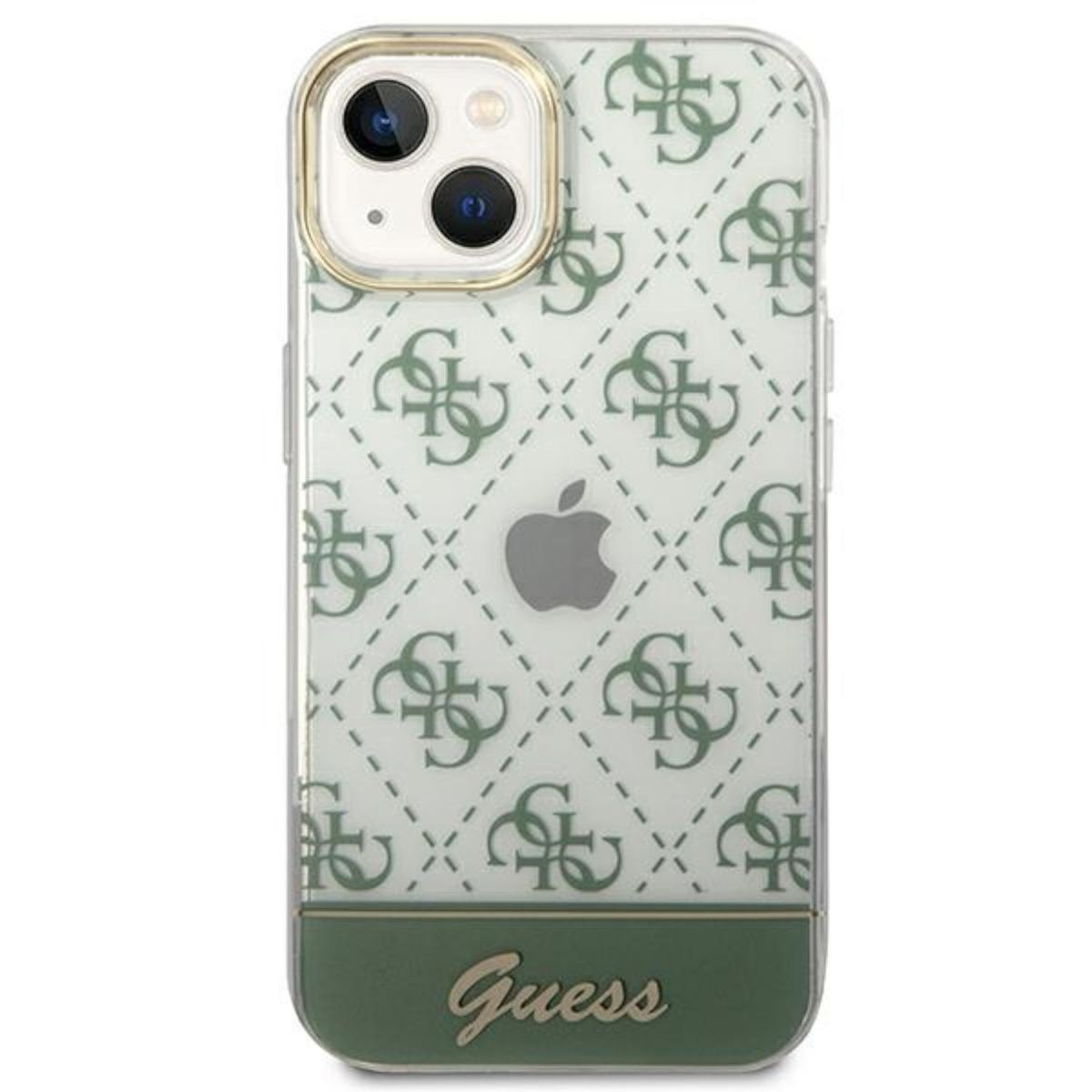 Eine Handyhülle mit Guess-Logo und Muster, auf weißem Hintergrund.