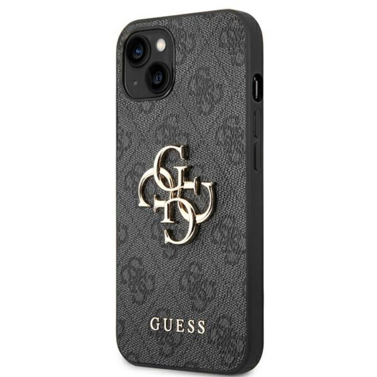 Ein Telefon in einer schwarzen Hülle mit goldenem Logo und gemustertem Design.