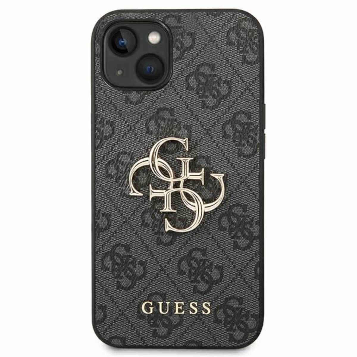 Schwarze Handyhülle mit Guess-Logo. Sie hat ein gemustertes Design und das Guess-Logo in Gold.