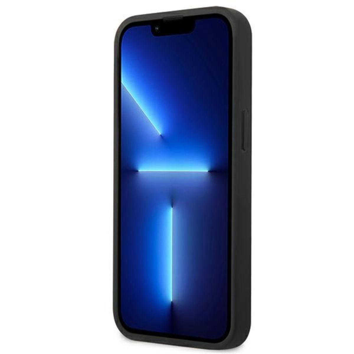 Schwarzes iPhone mit blauem Lichteffekt auf dem Bildschirm. Dunkles Gehäuse. Weißer Hintergrund.