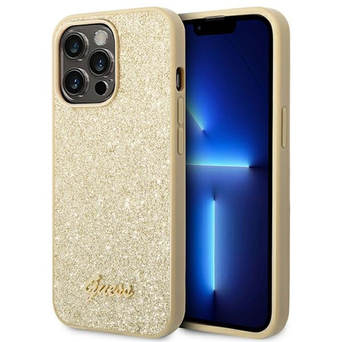 Eine goldfarbene Glitzer-Handyhülle neben einem Telefon. Der Telefonbildschirm ist sichtbar. Die Hülle hat das Guess-Logo.