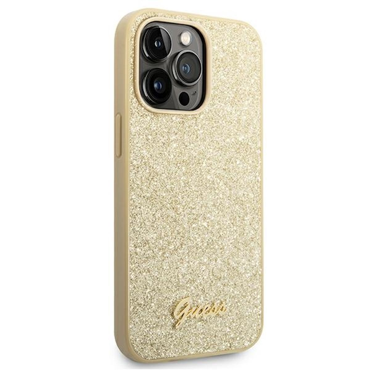 Eine goldfarbene Glitzer-Handyhülle mit Guess-Logo. Die Hülle bedeckt die Rückseite.
