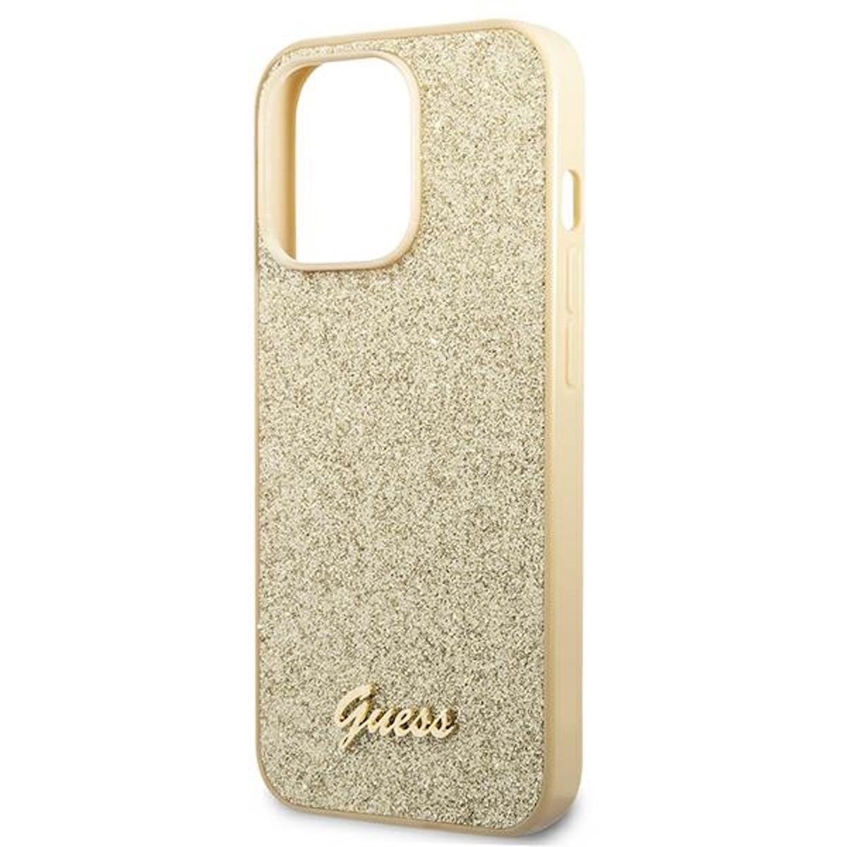 Eine goldene Glitzer-iPhone-Hülle mit dem Guess-Logo auf weißem Hintergrund.