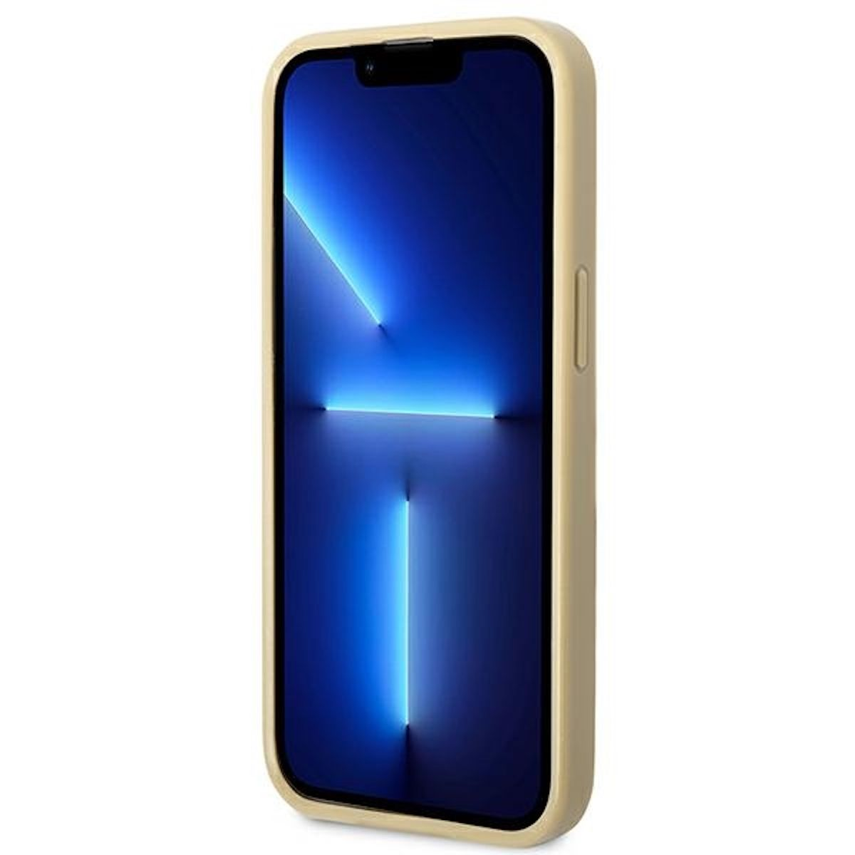 Ein Telefon mit beigem Gehäuse, das ein blaues und weißes abstraktes Bild auf dem Bildschirm zeigt.
