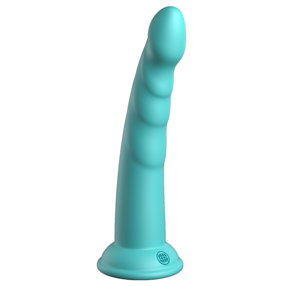 Hellblauer Dildo mit gebogener Form und ausgestelltem Sockel, auf weißem Hintergrund.