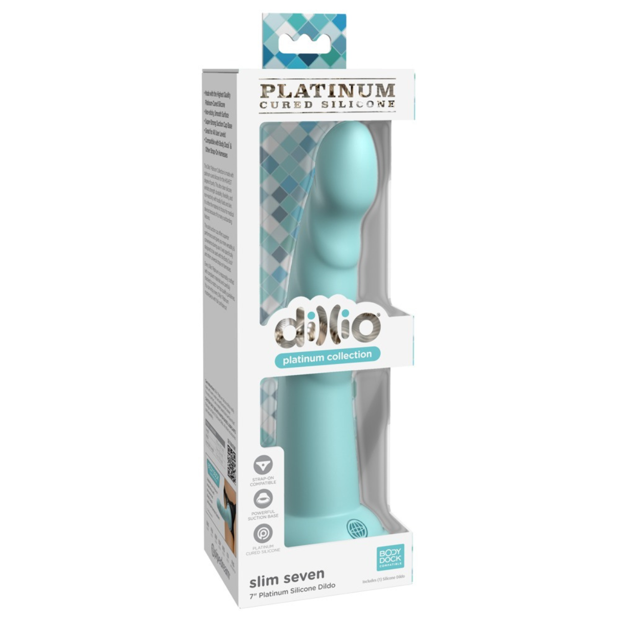 Ein blauer Dildo in einer Schachtel, beschriftet mit 'Platinum Cured Silicone', mit weißem und blauem Design.