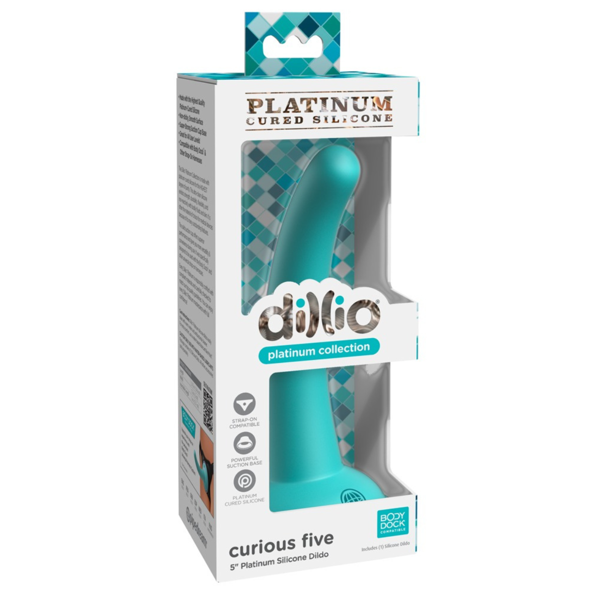 Ein blauer Dildo in einer Box mit Produktdetails.
