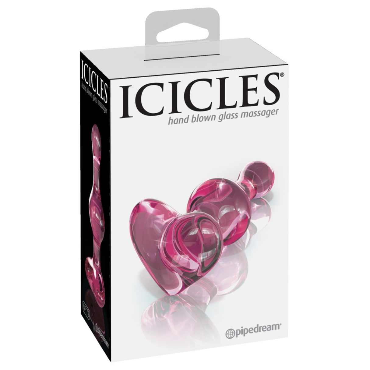 Eine Schachtel mit einem rosa Glasmassagegerät in Herz- und Kugelform.