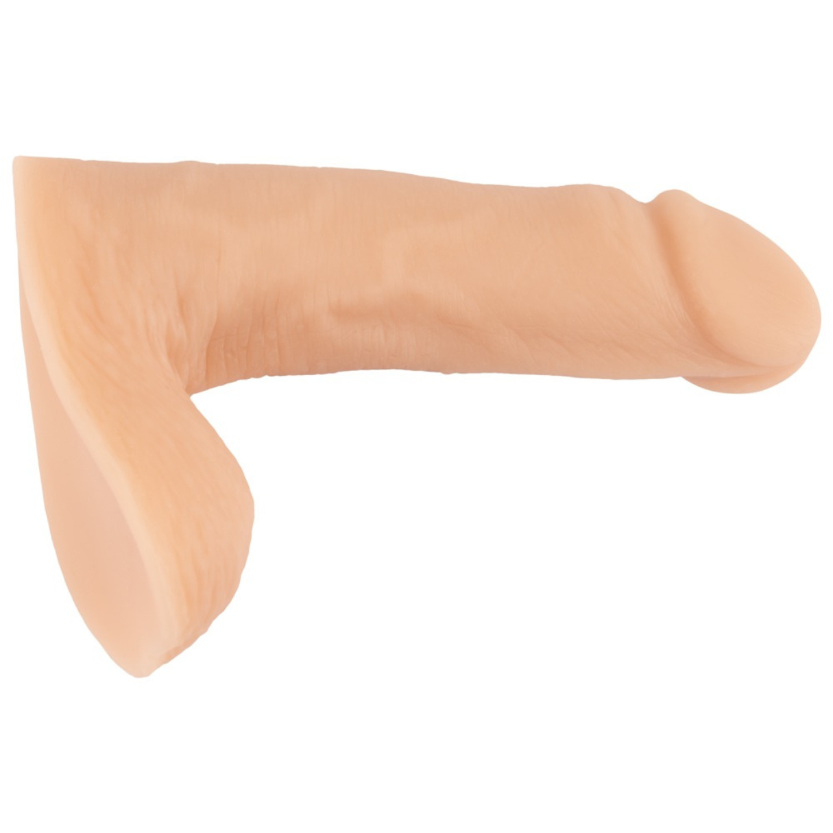 Ein fleischfarbenes, phallusförmiges Sexspielzeug mit einem Ring an der Basis. Isoliert auf weißem Hintergrund, mit detaillierter Textur.