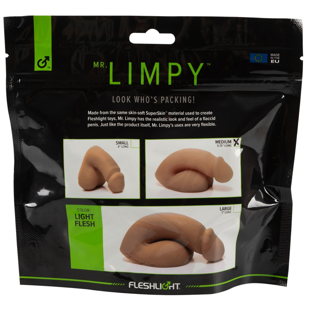 Eine Packung mit Mr. Limpy-Produkten. Es zeigt drei Größen von fleischfarbenen, schlaffen Penisspielzeugen, beschriftet mit klein, mittel und groß.