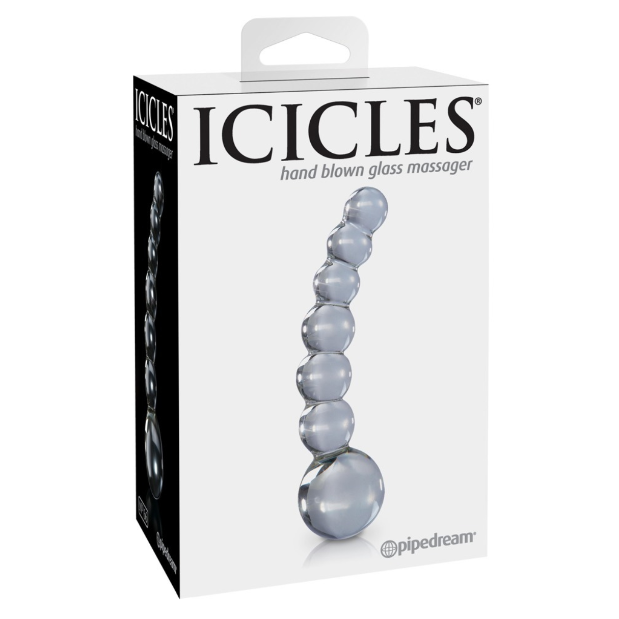 Weiße Schachtel mit dem Text "ICICLES" und einem Glasmassagegerät. Der Hintergrund ist weiß.